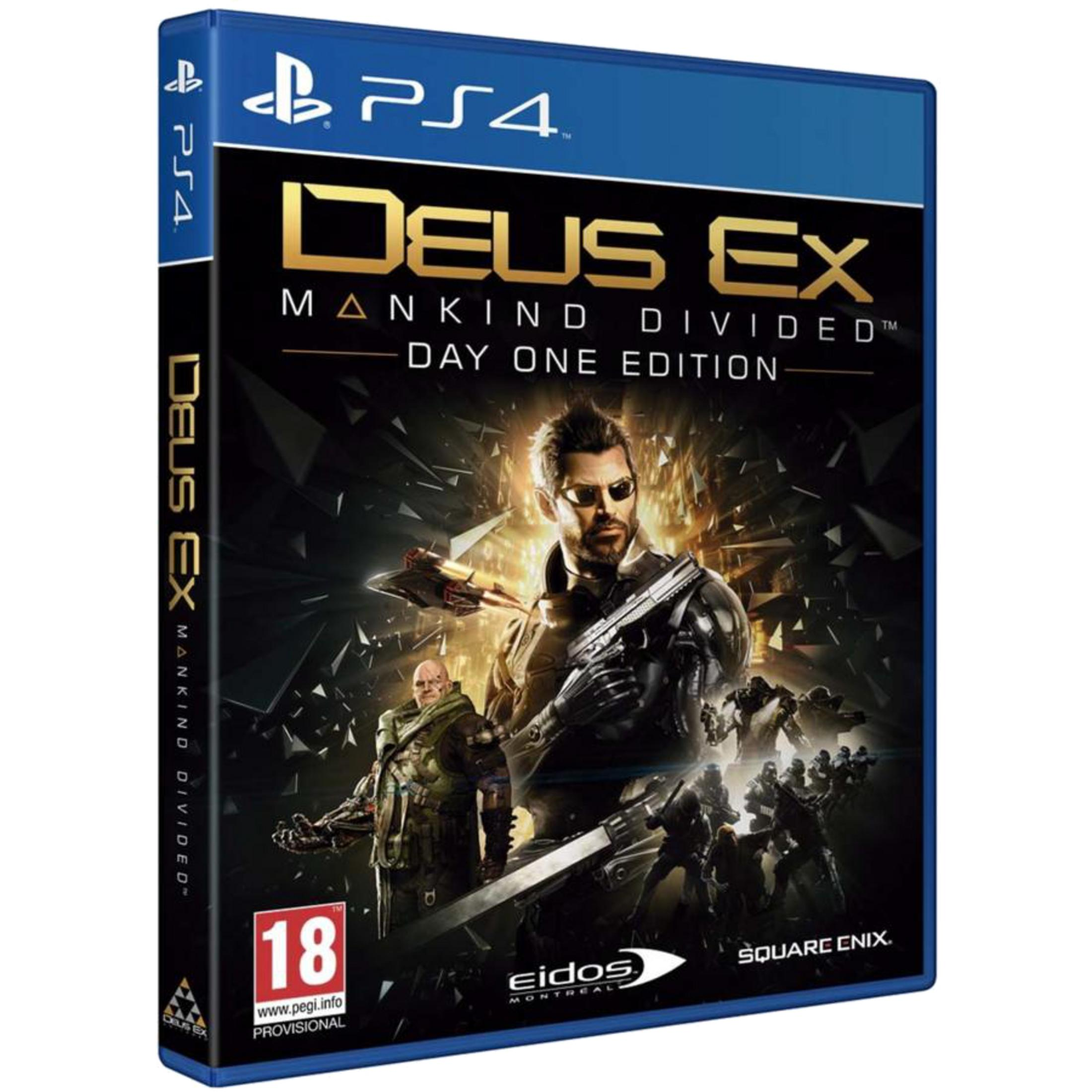 Custodia gioco PS4 Deus Ex Mankind Divided Day One Edition. Con personaggi e logo.