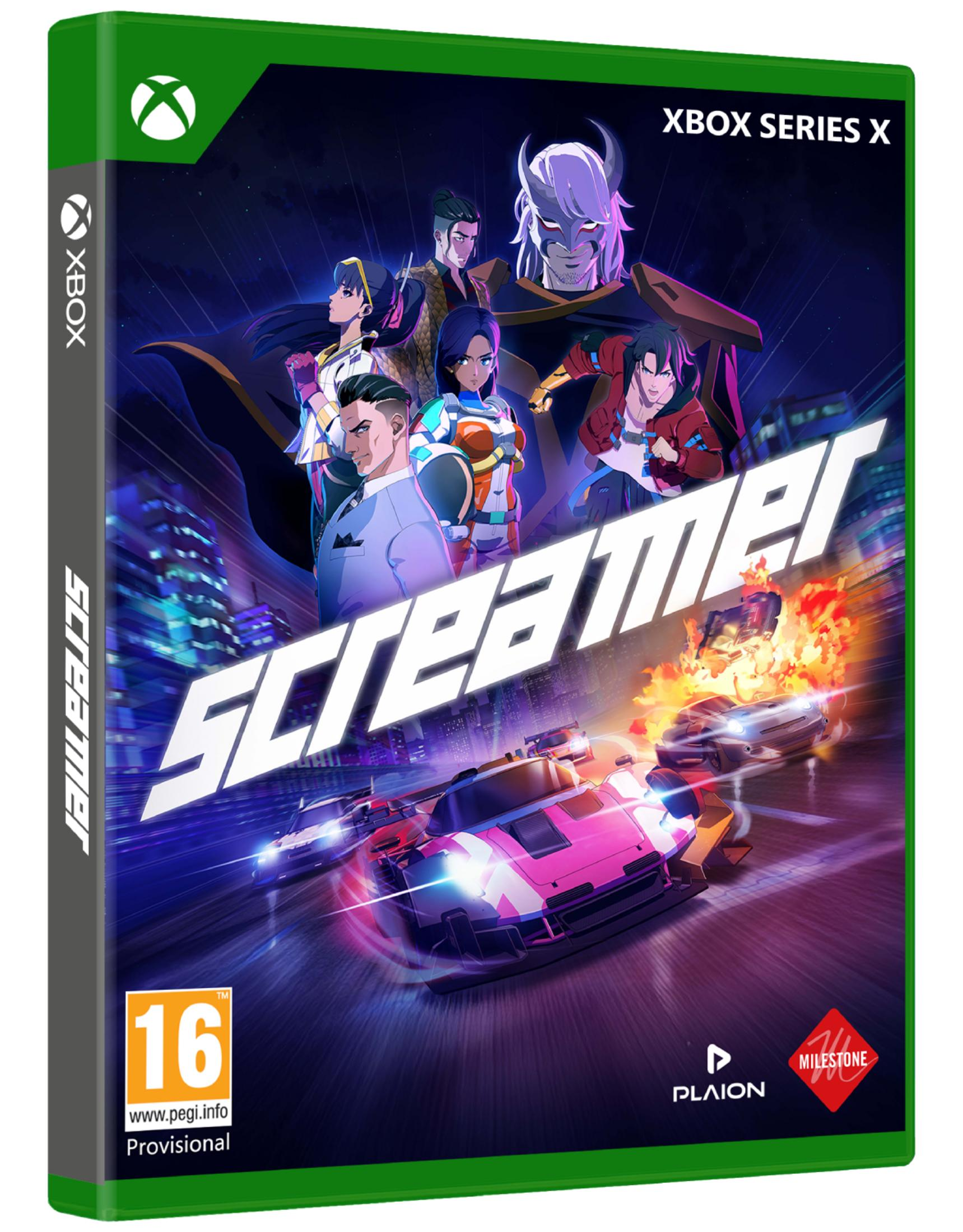 Copertina di un gioco di corse con personaggi e auto che sfrecciano nella notte.