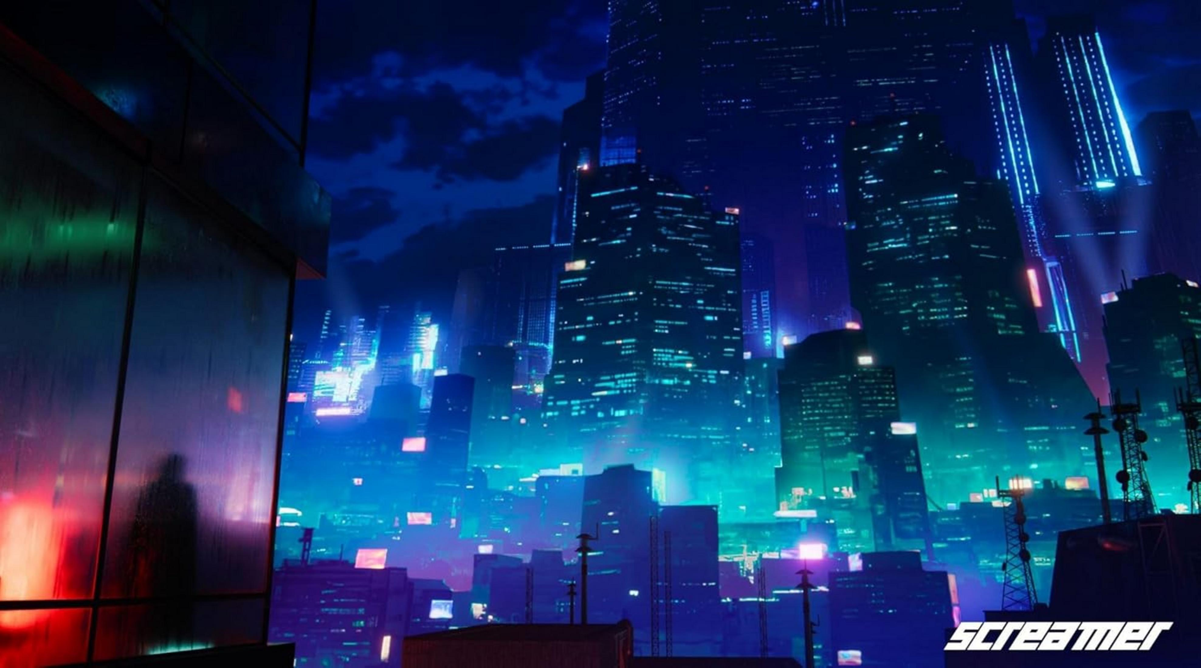 Un paesaggio urbano oscuro e futuristico di notte con luci blu e verdi brillanti sui grattacieli.
