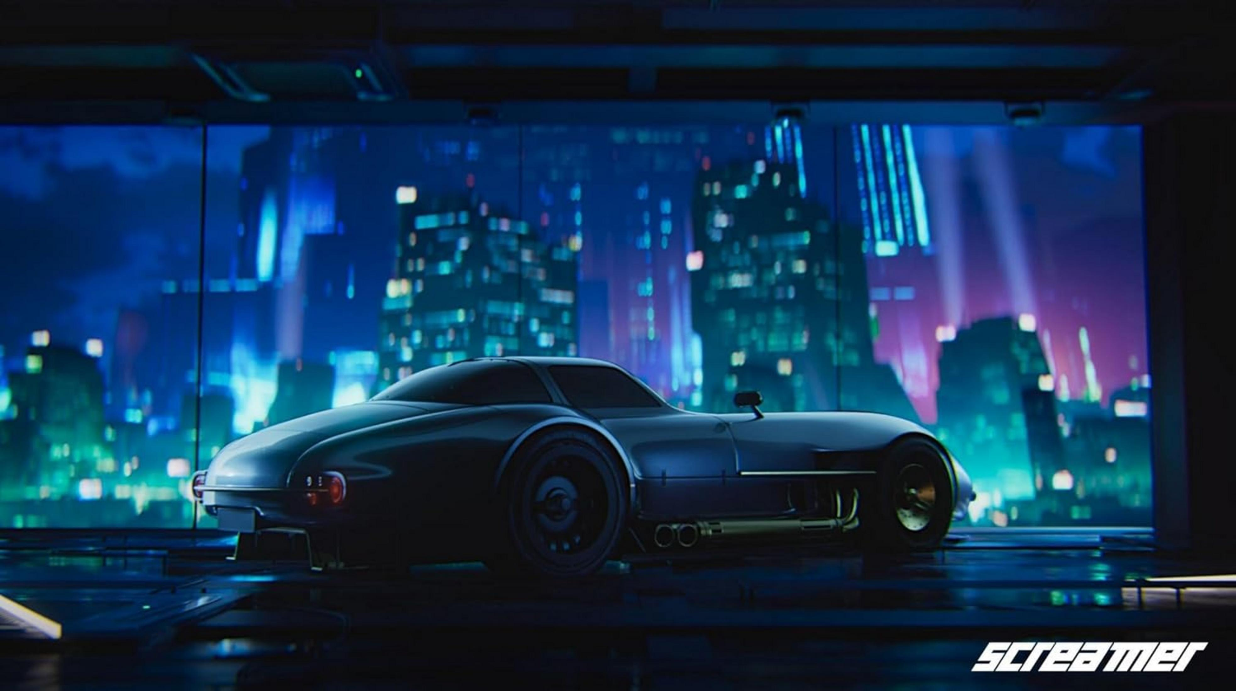 Un'elegante auto sportiva scura in un garage futuristico con uno sfondo di paesaggio urbano al neon.