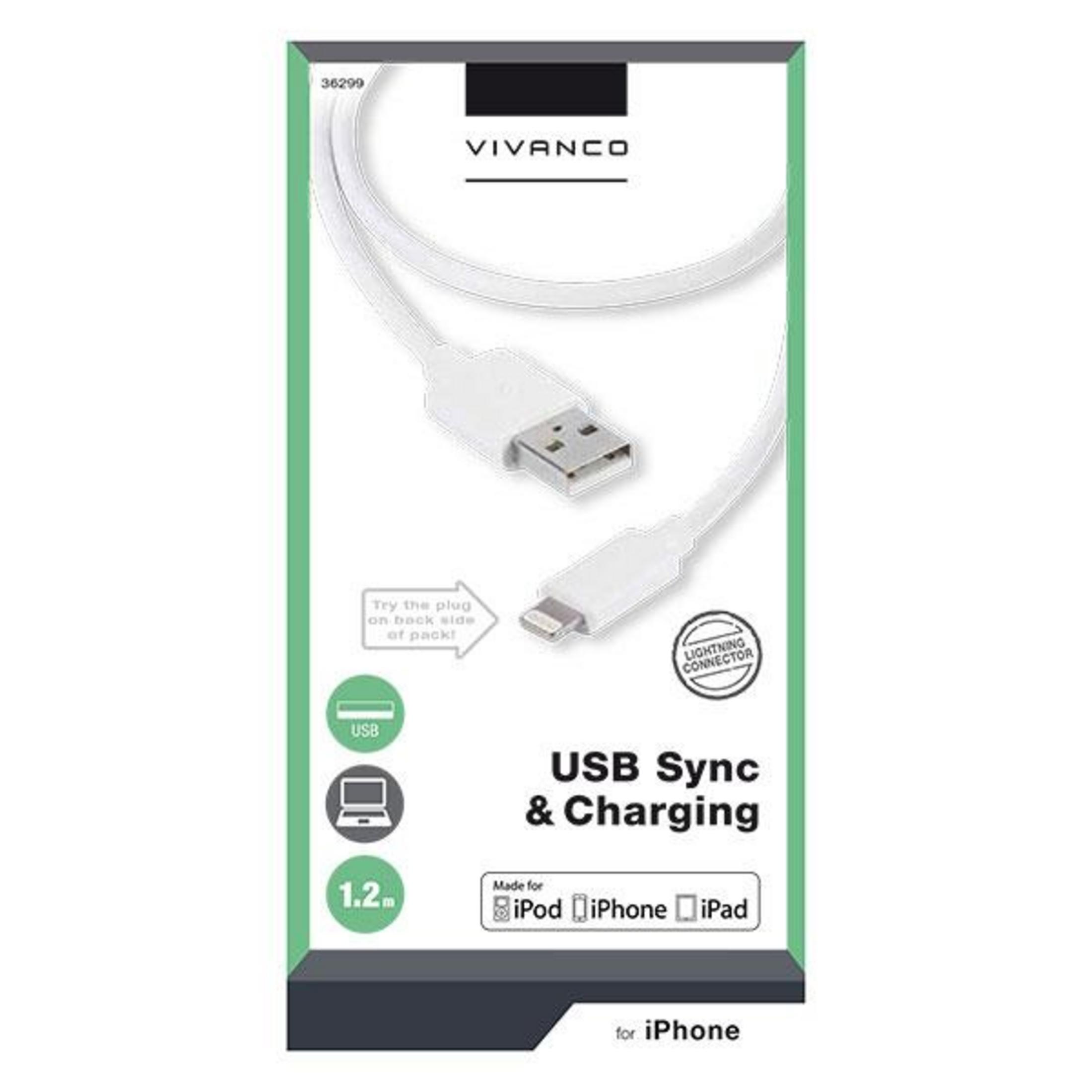 Cavo di ricarica bianco con connettore USB e Lightning sulla confezione.