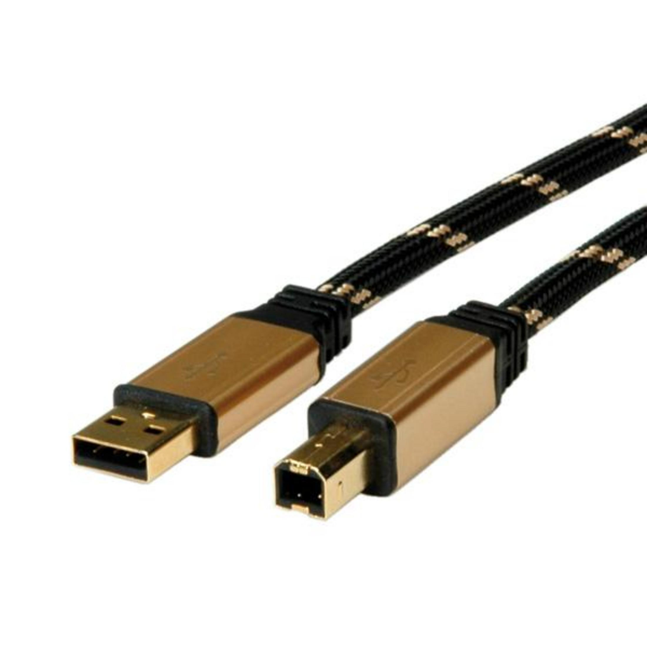 Cavo USB dorato con corda intrecciata nera e accenti dorati.