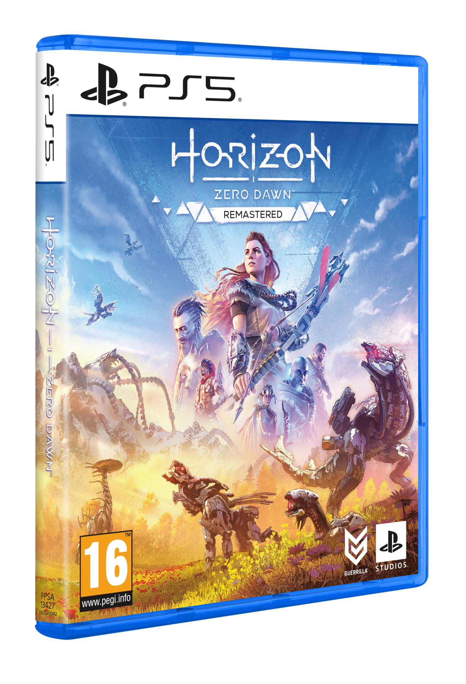 Copertina gioco PS5 con Aloy, robot e testo Horizon Zero Dawn Remastered.