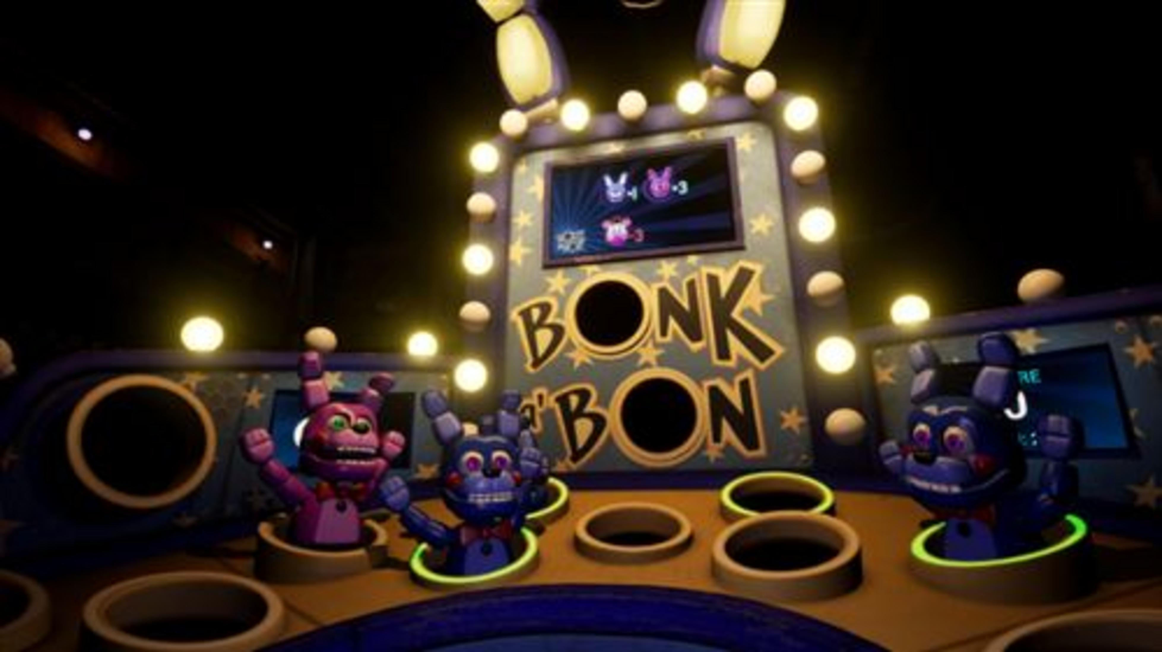 Tres conejitos animatrónicos en una máquina de juegos con luces y pantalla "Bonk-a-Bonk".