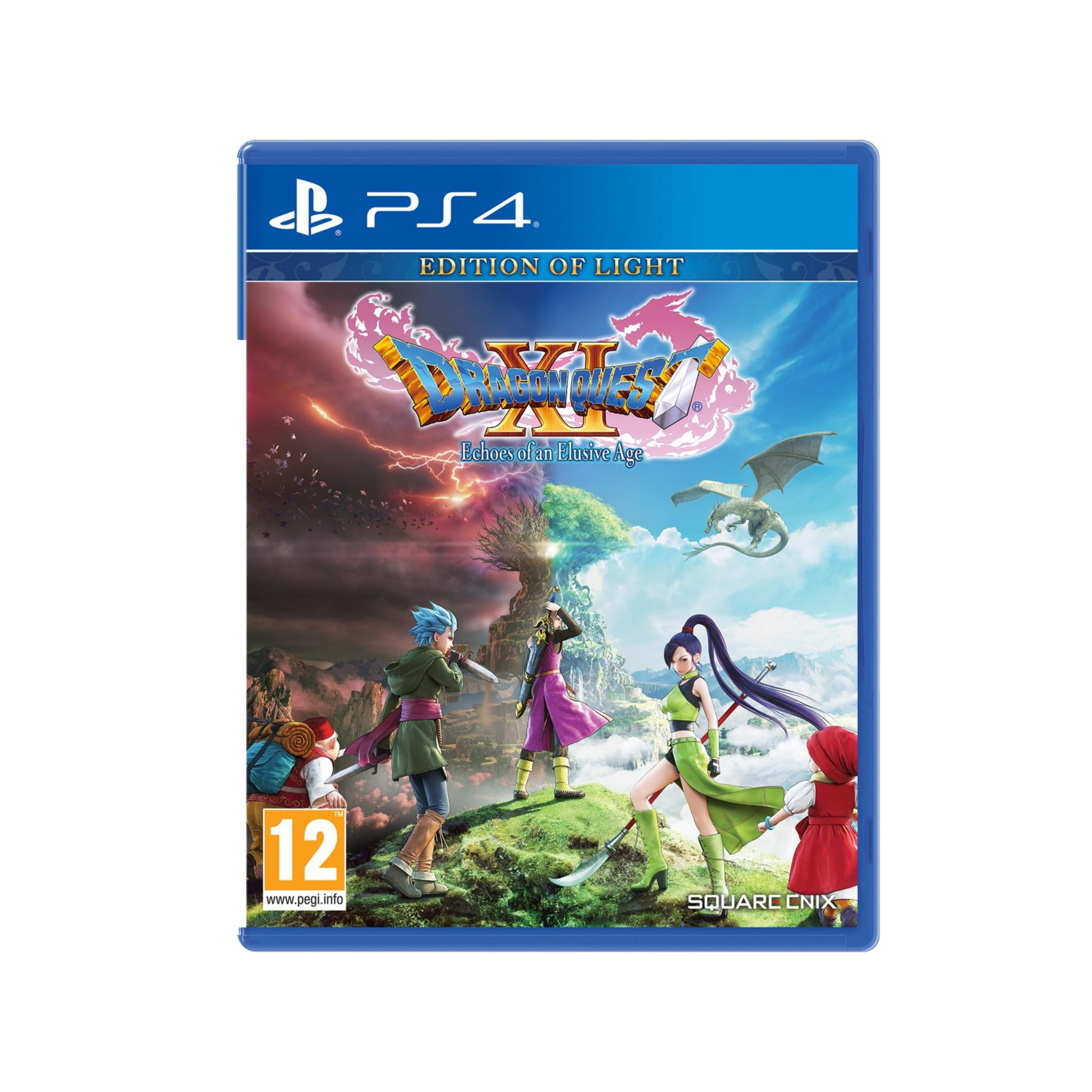 Custodia gioco PS4: Dragon Quest XI con personaggi, albero, draghi e cielo tempestoso.