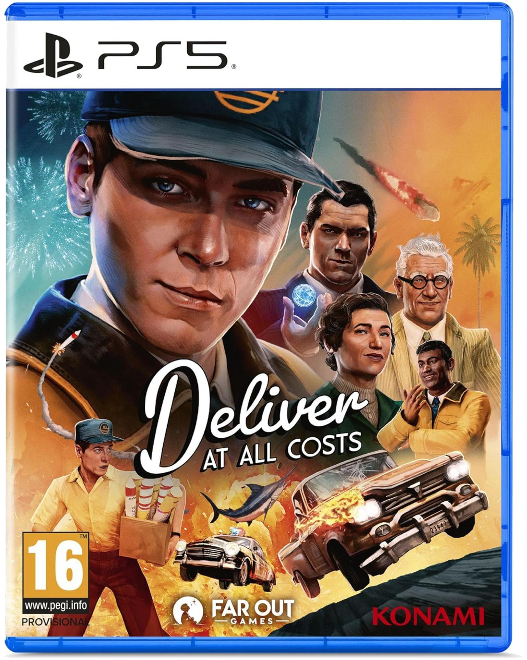 Portada juego PS5: Repartidor con paquete, coche ardiendo, pez y fuegos artificiales.