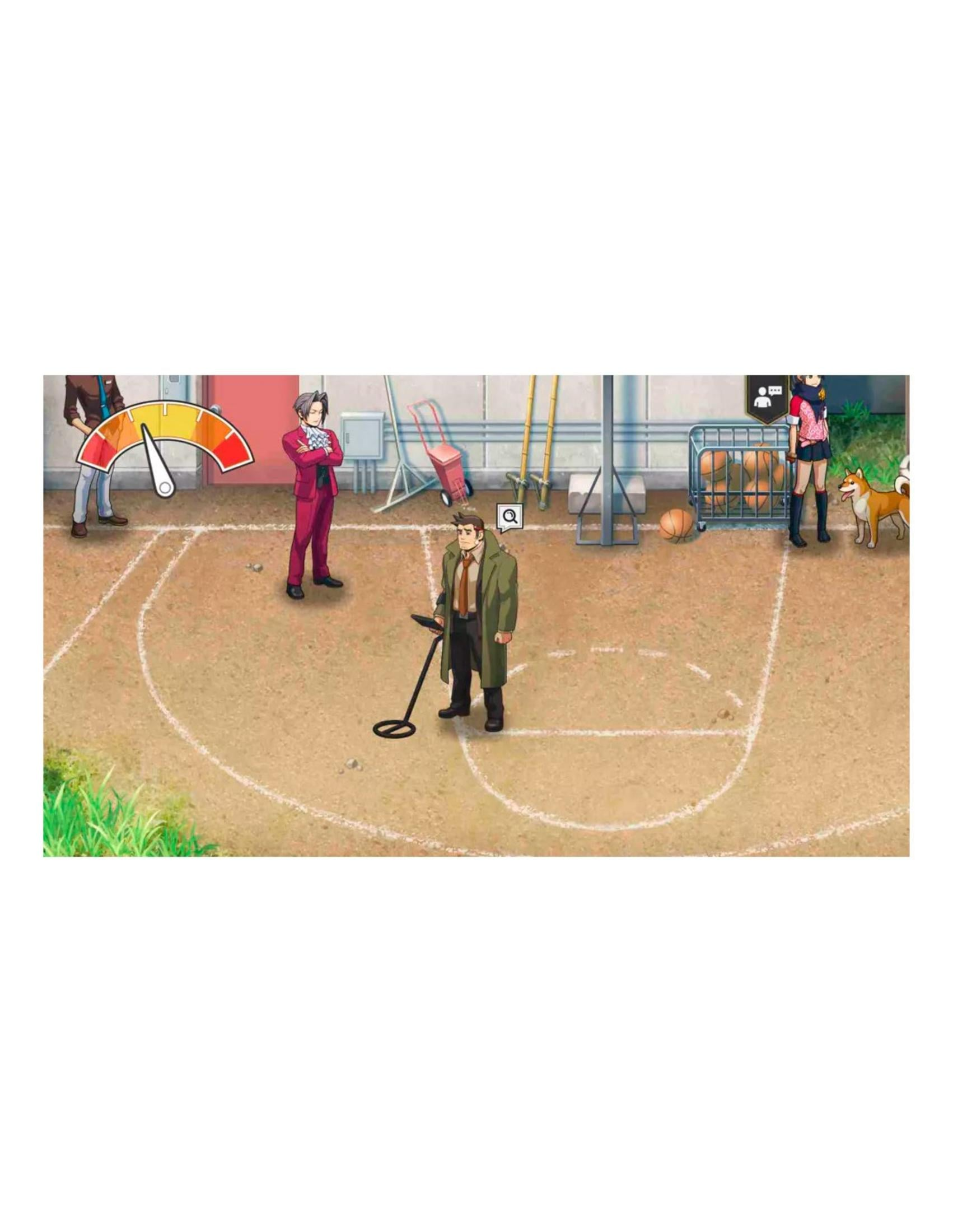 Uomini con metal detector su campo sportivo, canestri, cane e ragazza.