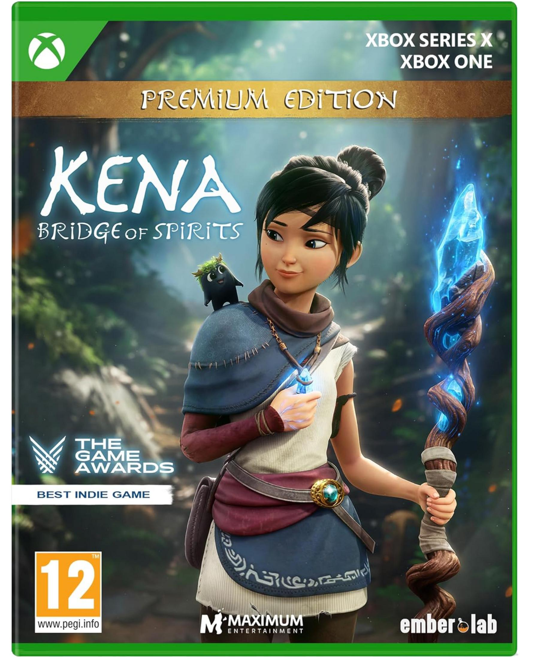 Kena con un piccolo spirito, tiene un bastone con punta di cristallo blu. Copertina Xbox.