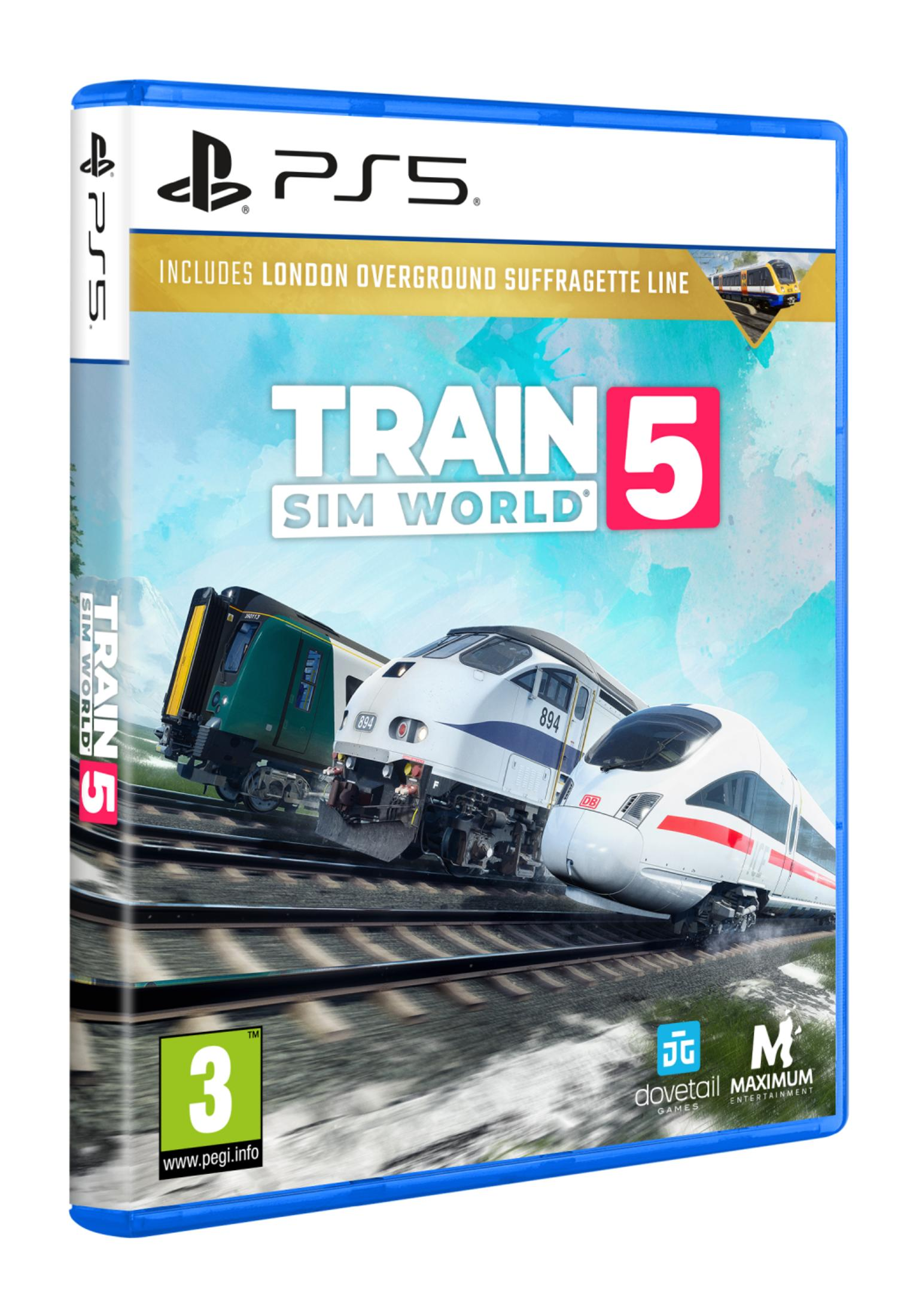 Copertina gioco PS5 Train Sim World 5 con tre treni sui binari.