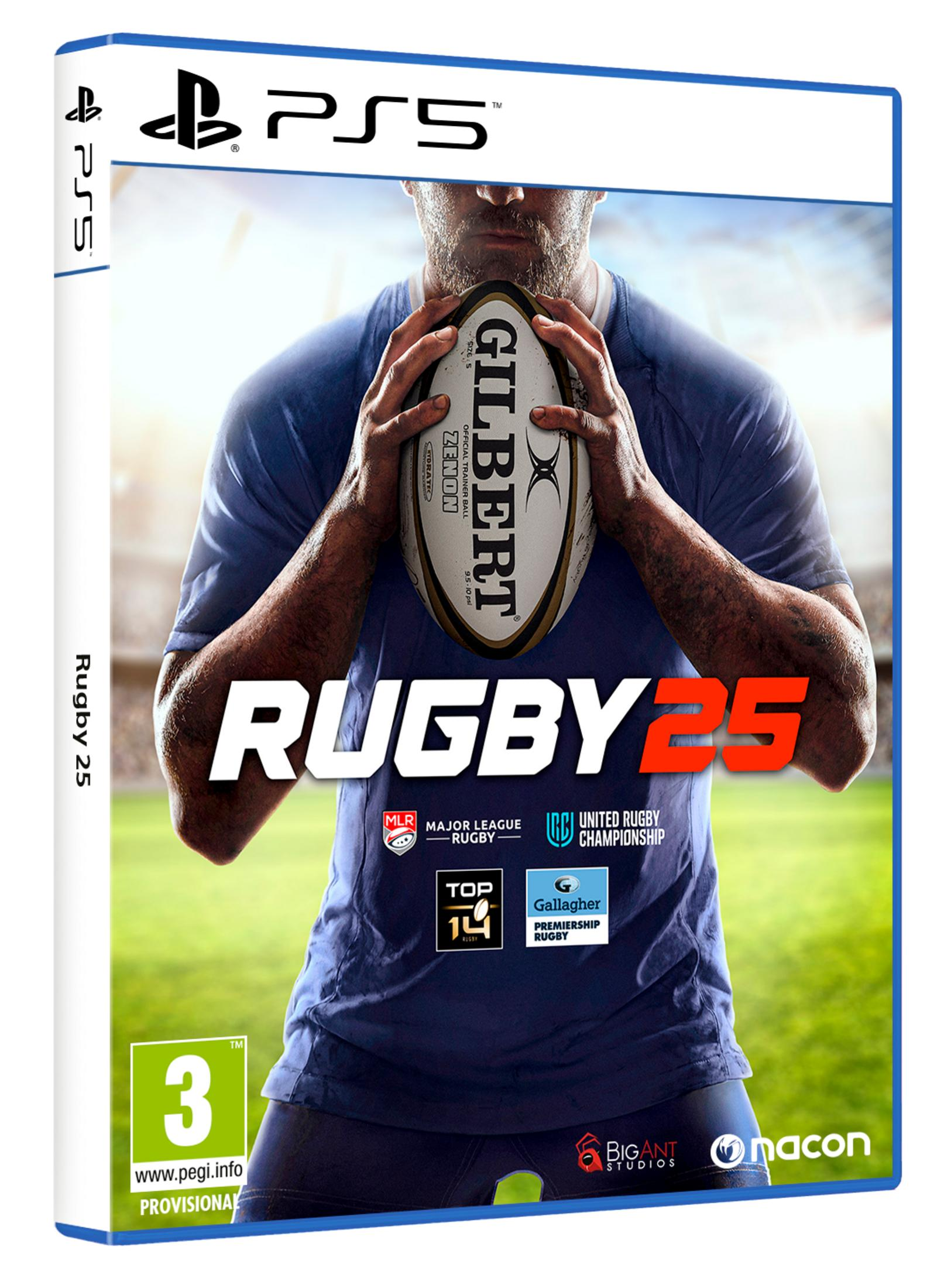 Portada del juego Rugby 25 para PS5: Hombre con balón de rugby, logo PS5, título.