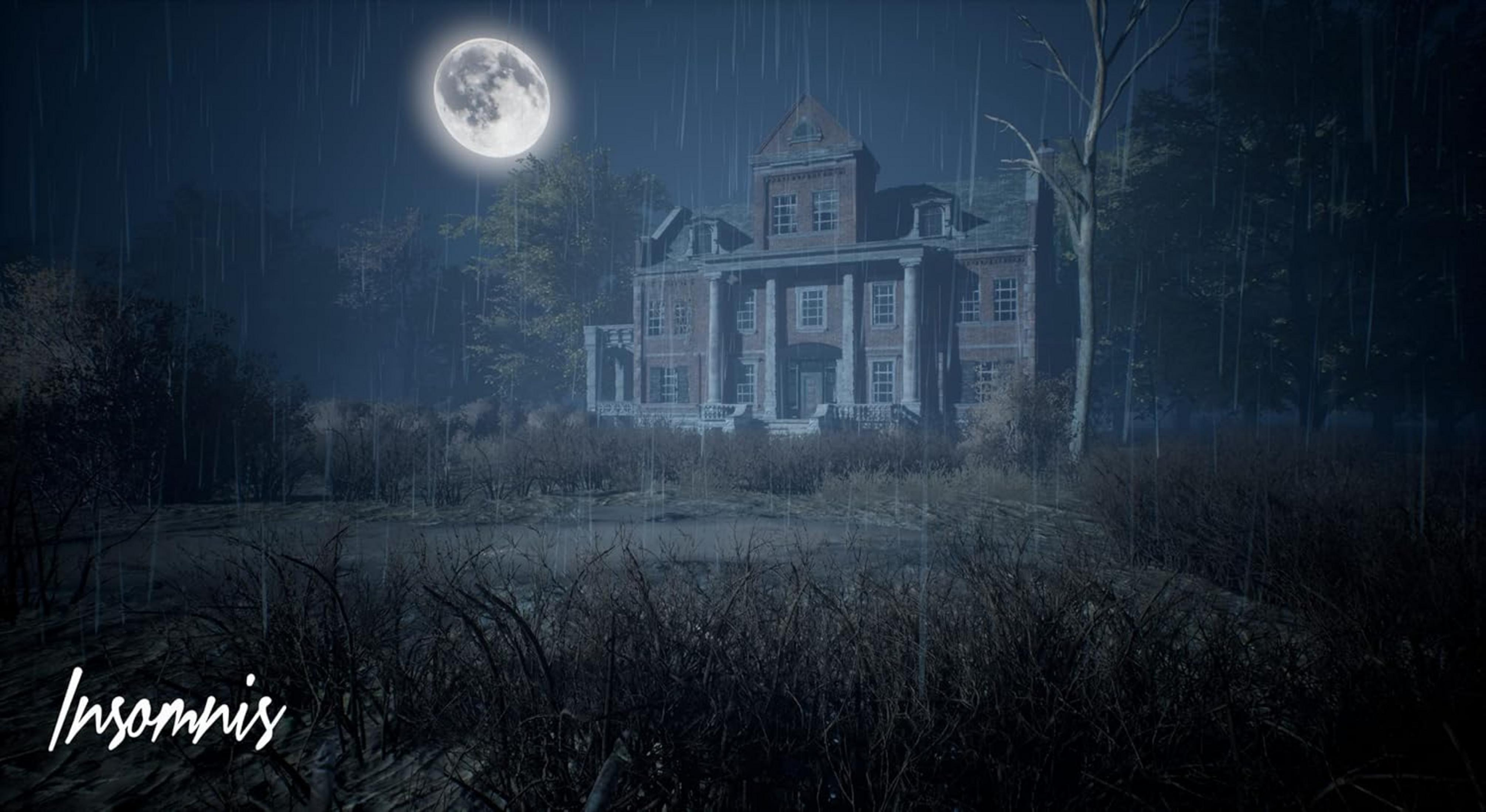 Ein Herrenhaus im Regen bei Vollmond, umgeben von dunklem Wald und trockenem Gras.