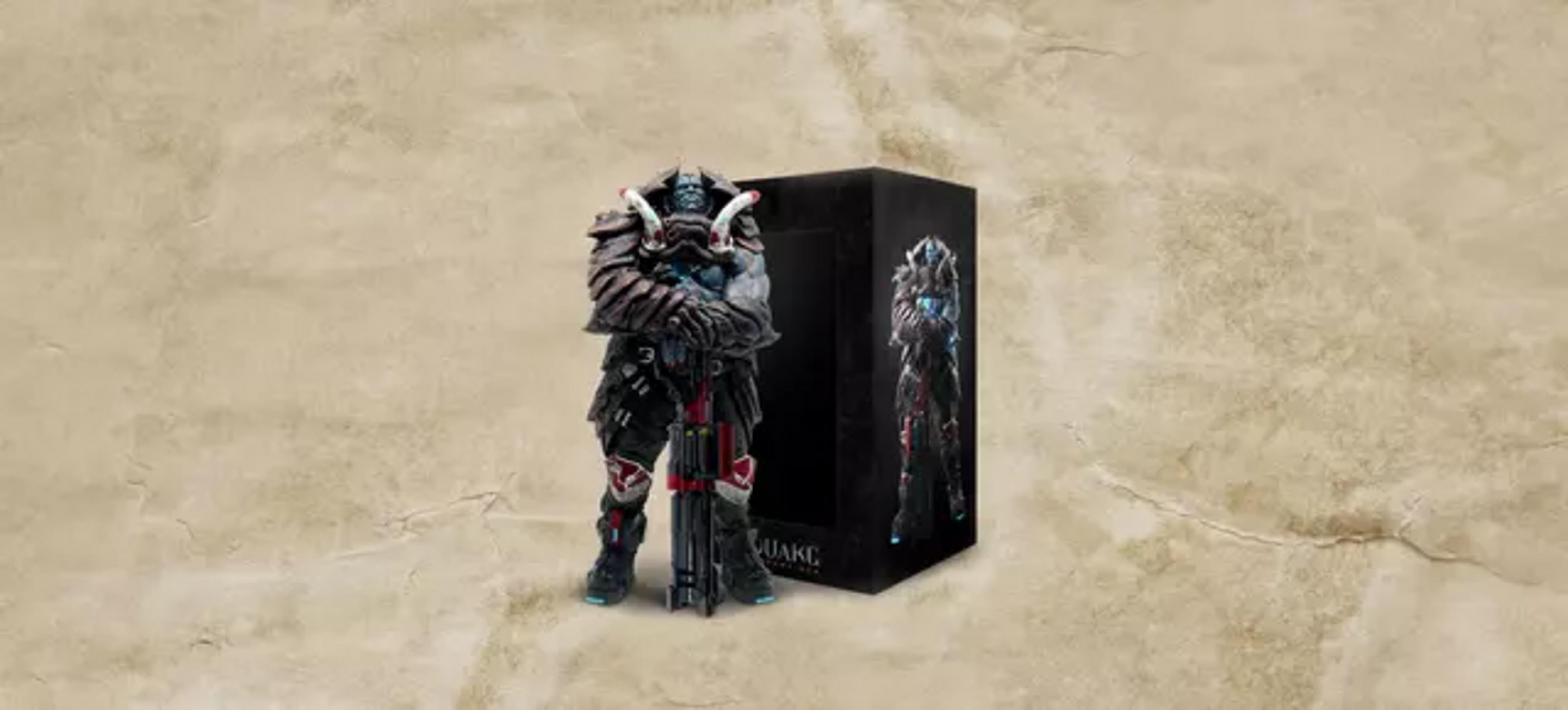 Una figura oscura con armadura y arma se alza junto a una caja negra con imagen.