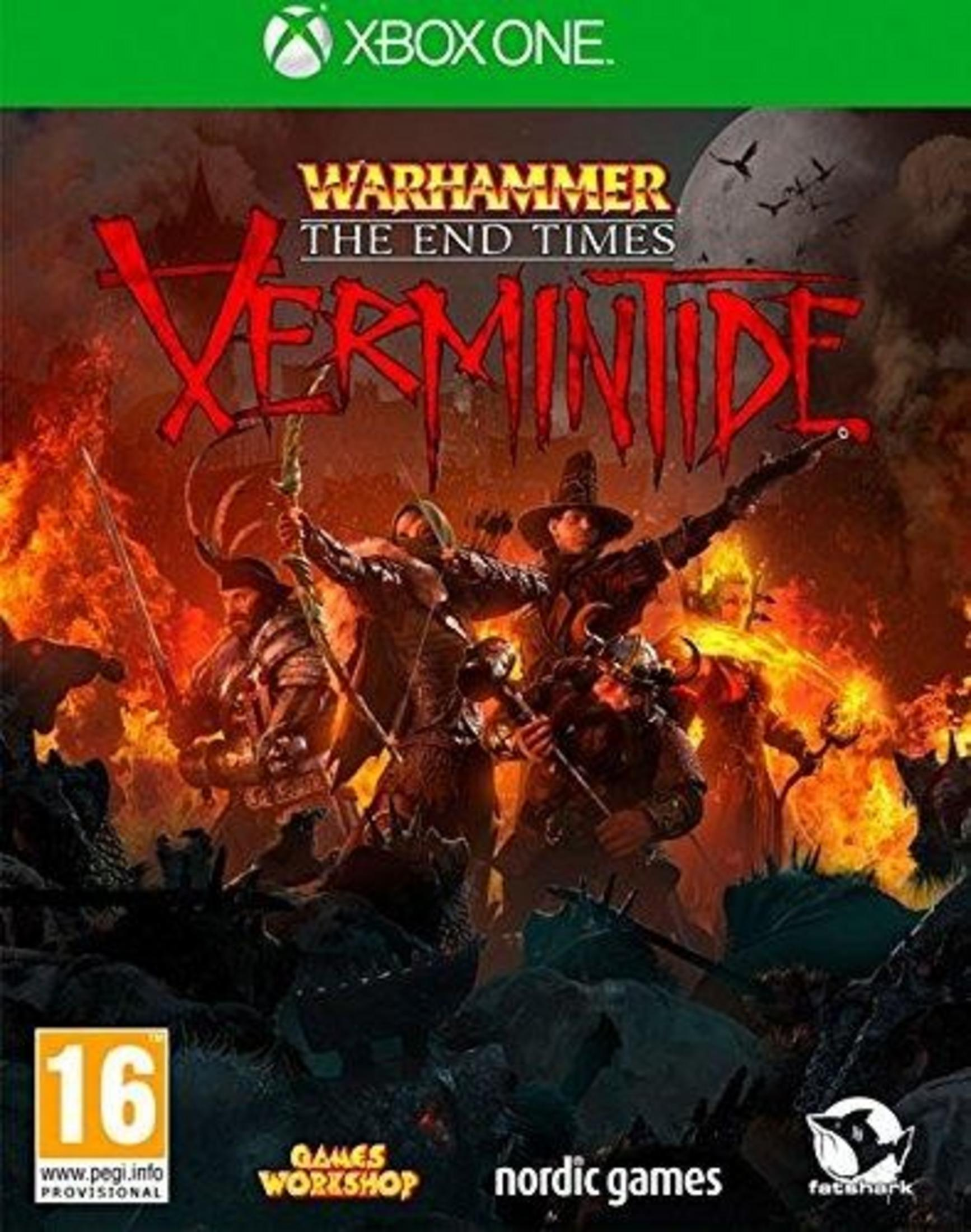 Copertina del gioco Warhammer: The End Times - Vermintide. Quattro eroi combattono tra fuoco e oscurità.
