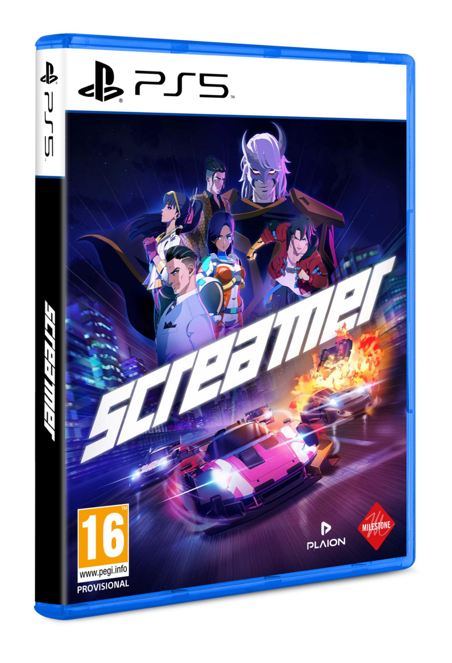 Custodia gioco PS5 con personaggi anime, auto da corsa ed esplosioni sulla copertina.