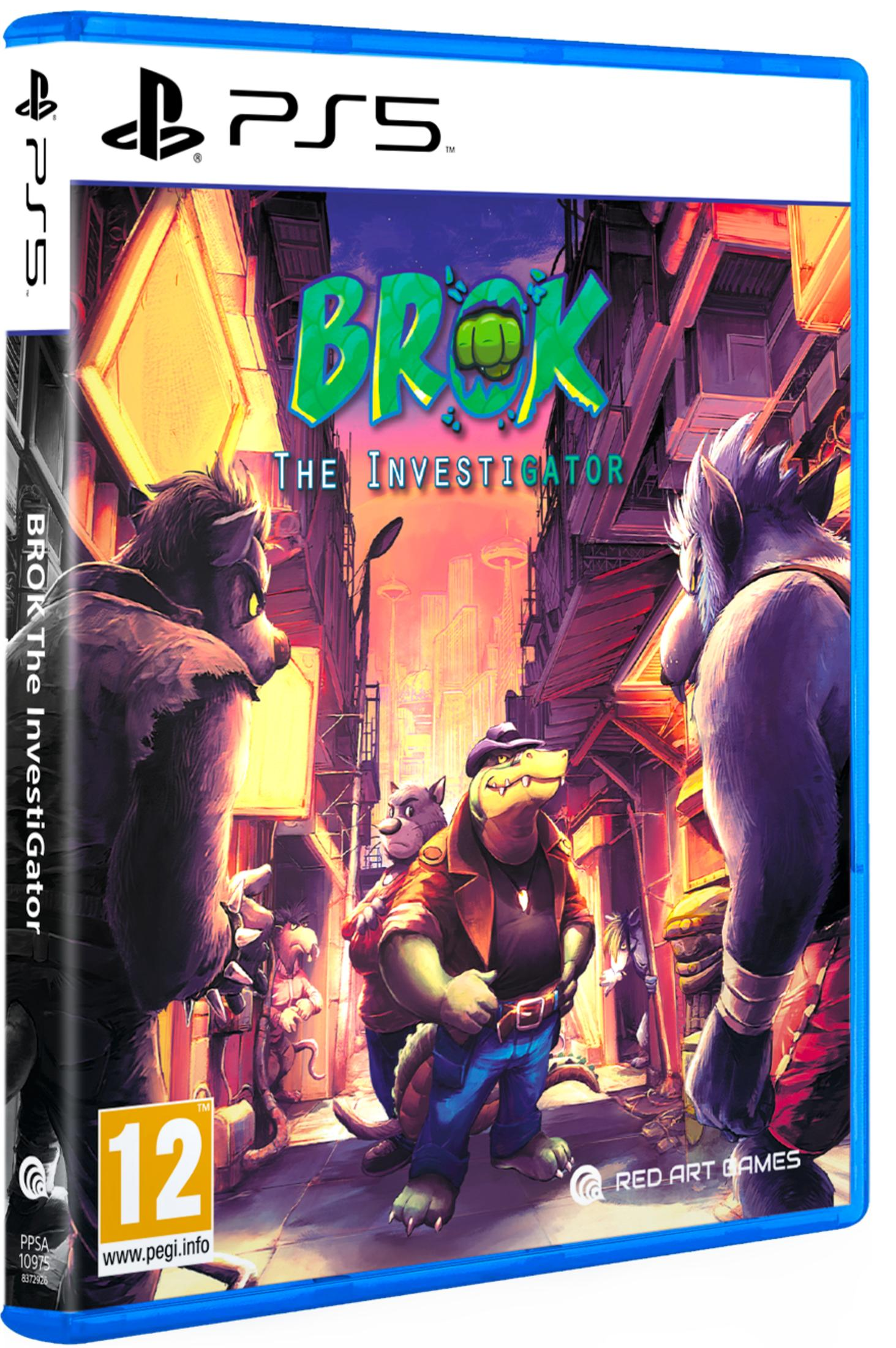 Portada de videojuego PS5 Brok The Investigator, con animales antropomórficos en una ciudad.