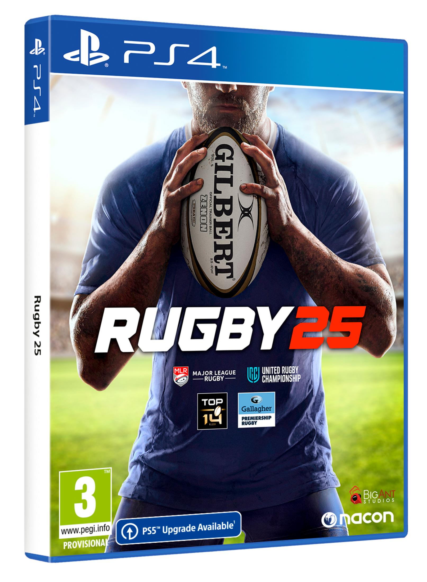 Portada del juego Rugby 25 con un hombre sosteniendo un balón de rugby. PS4.