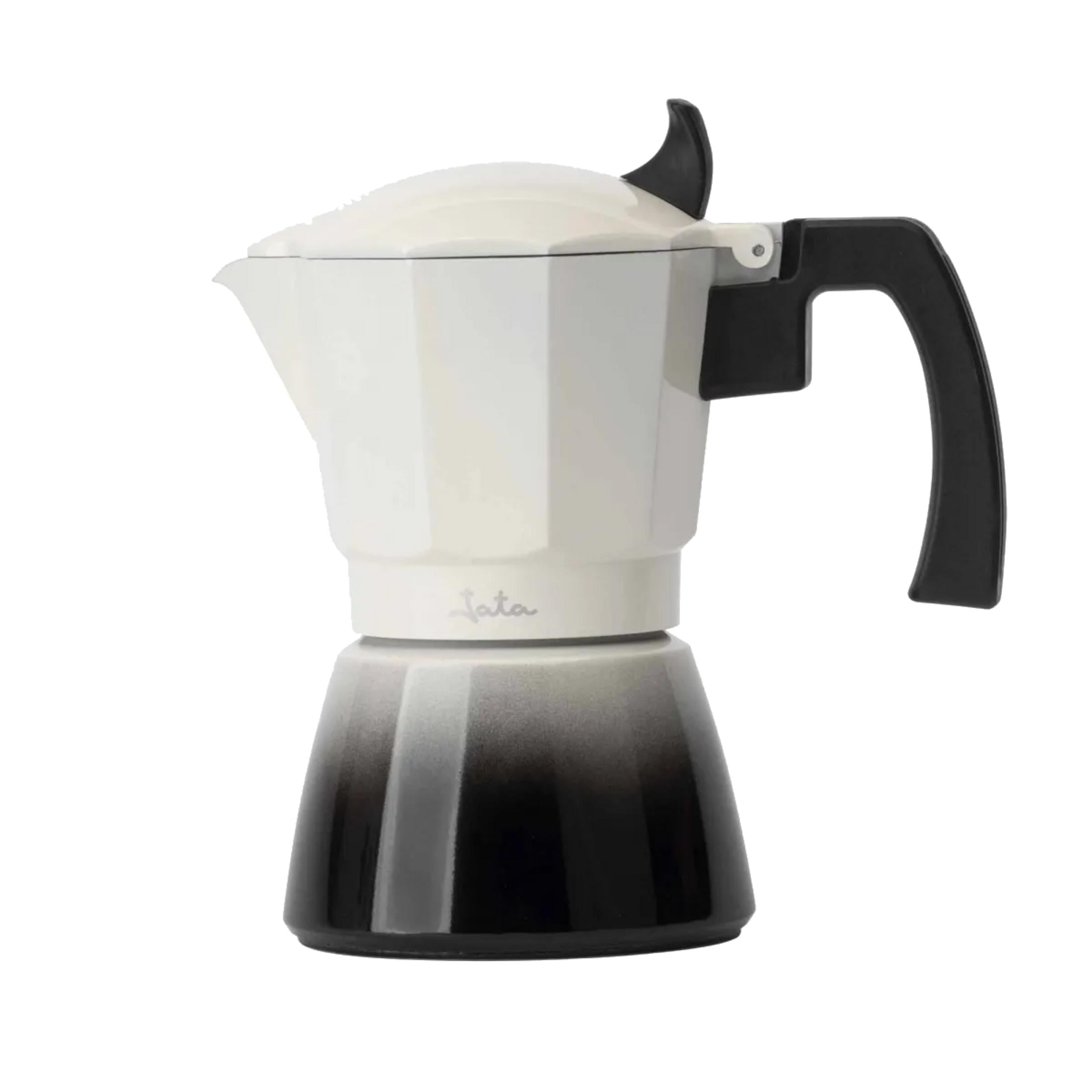 Una caffettiera bianca e nera con manico e pomello neri.