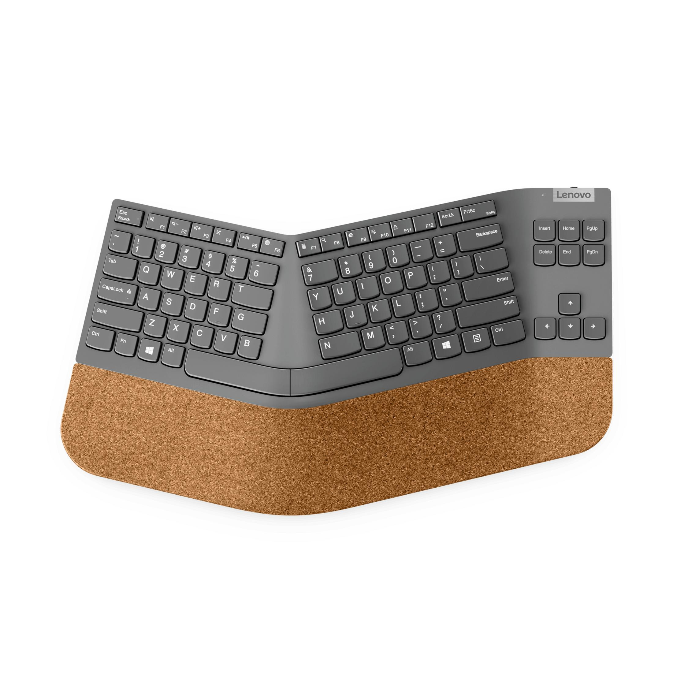 Una tastiera ergonomica Lenovo grigia con poggiapolsi staccabile in sughero.