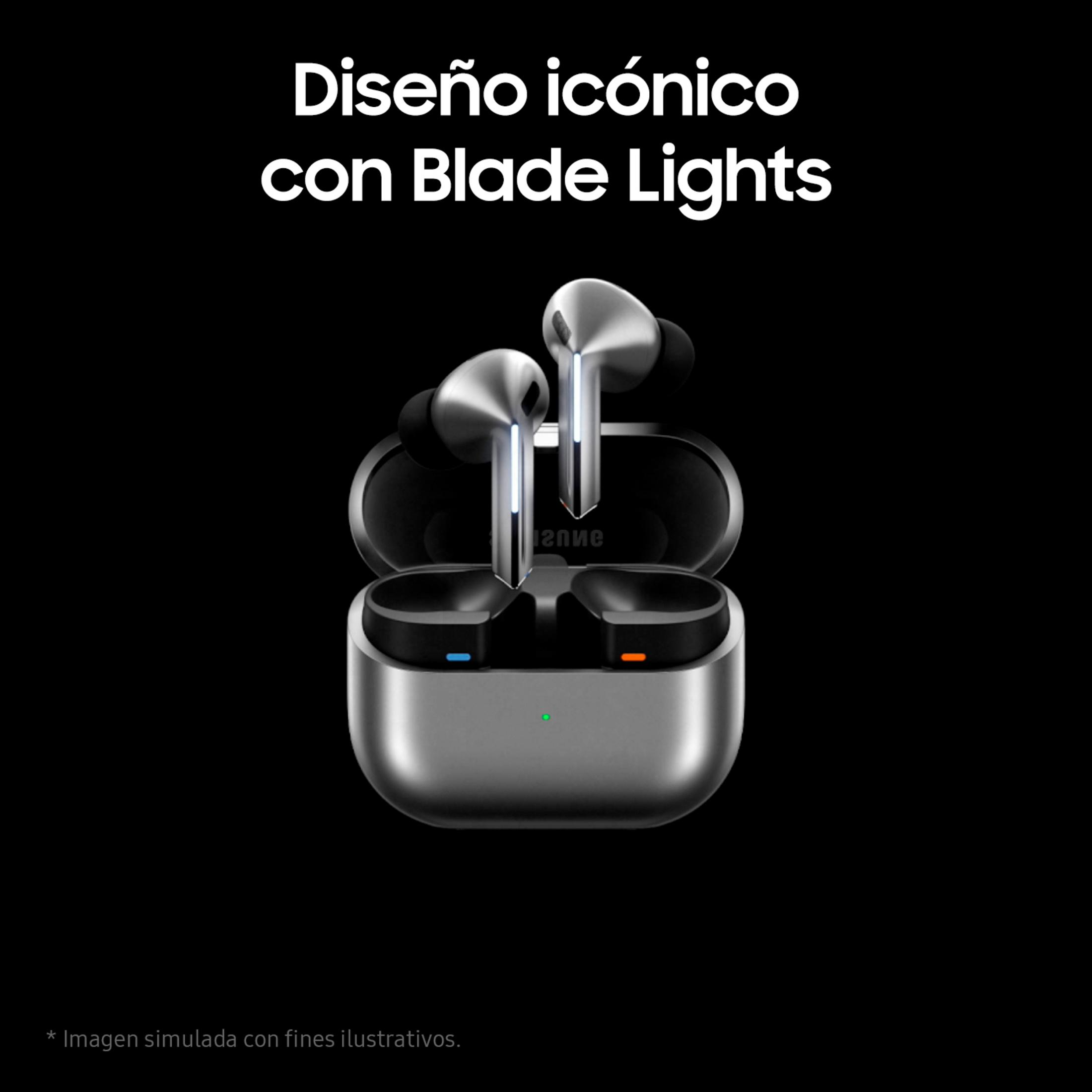 Auricolari wireless argento con custodia di ricarica. Luci blu e arancioni.
