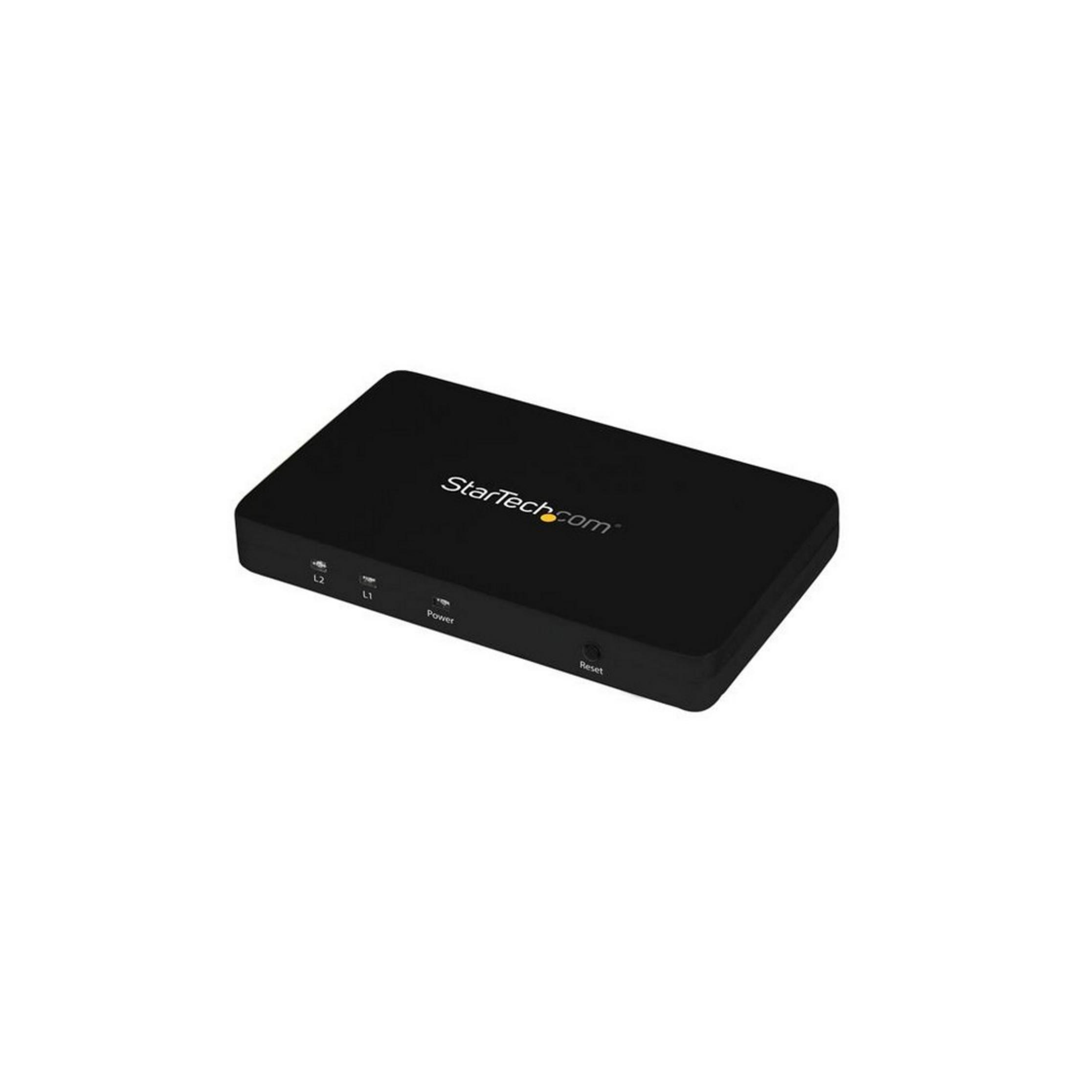 Un dispositivo rectangular negro con logo y etiquetas de StarTech.com.