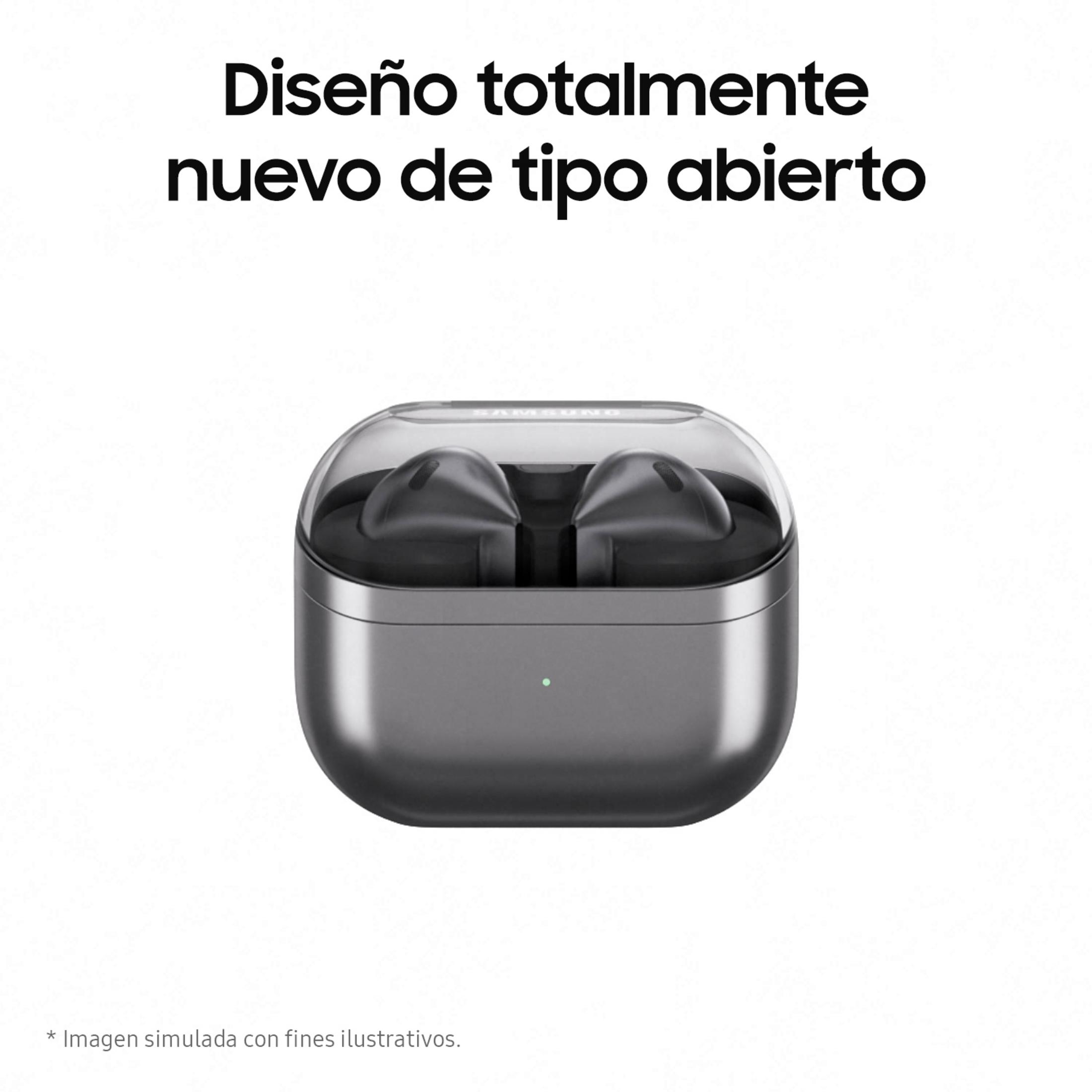 Auriculares inalámbricos grises en un estuche de carga transparente con tapa abierta.