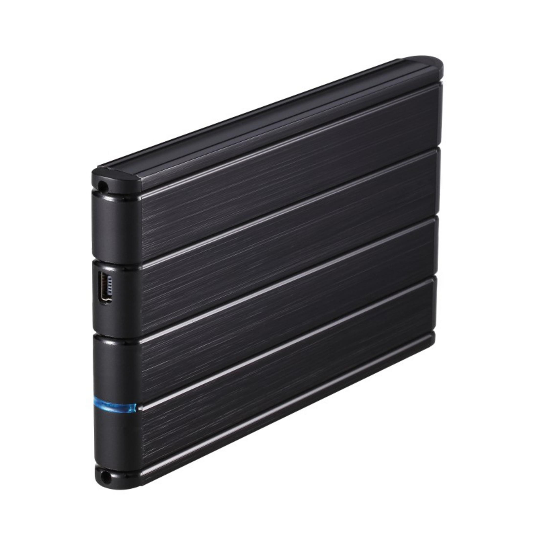 Disco externo negro con acabado de aluminio cepillado y LED azul.