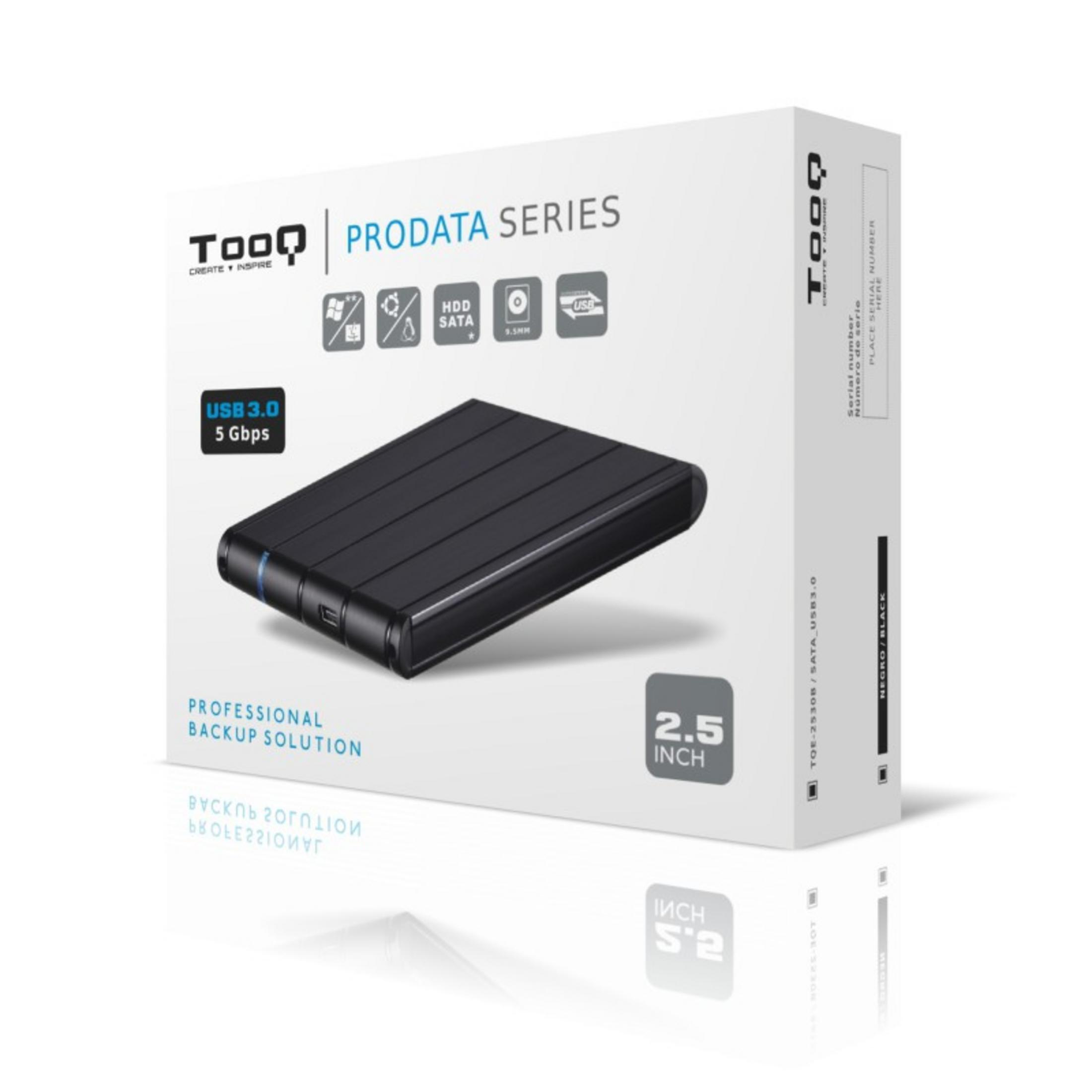 Caja externa de disco duro de 2,5" negra con USB 3.0 y marca "Prodata Series".