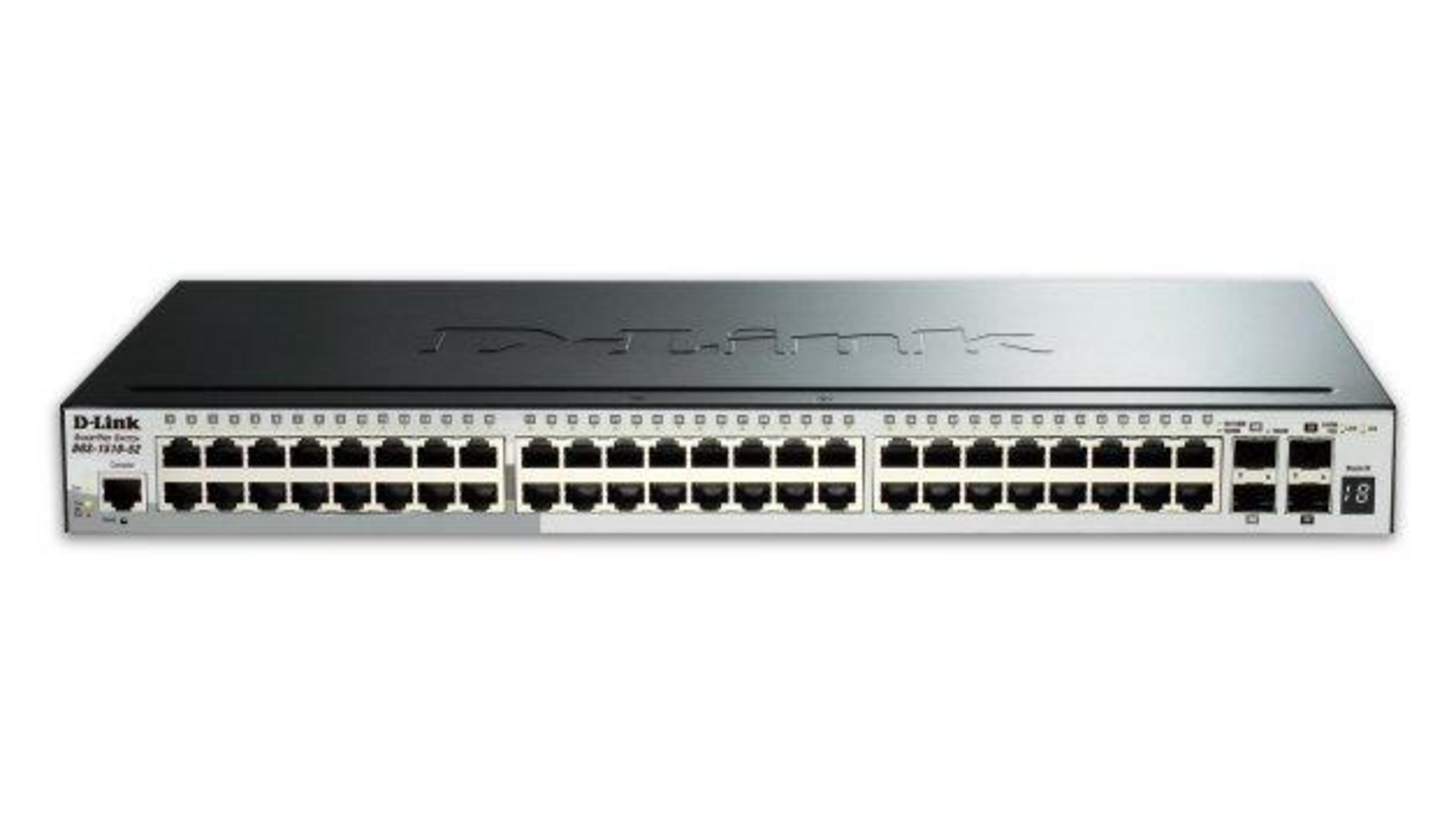 Uno switch di rete D-Link con molte porte e indicatori di stato.