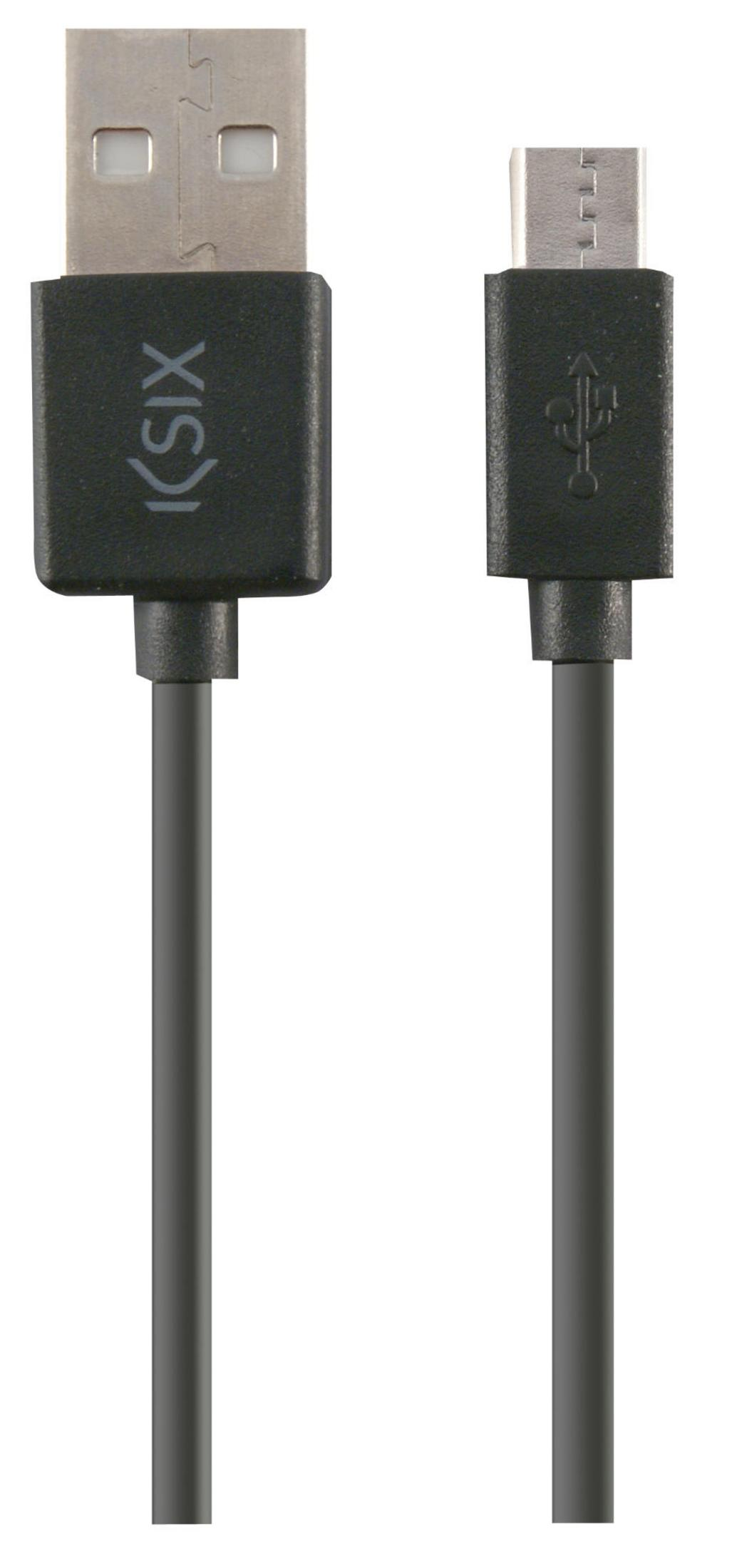 Un connettore USB-A a sinistra e un connettore micro USB a destra su un cavo grigio.