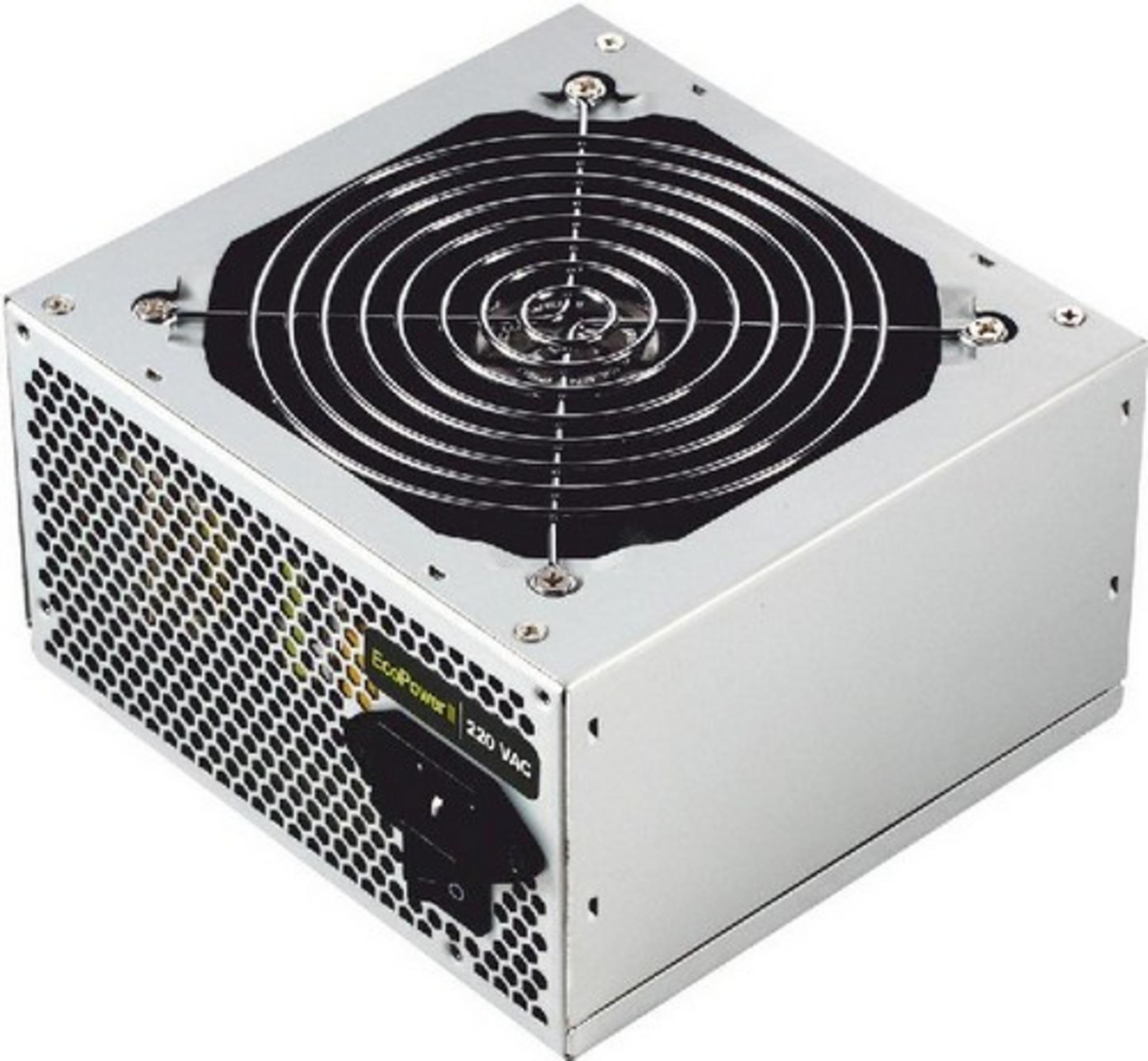 Un alimentatore argentato con griglia della ventola in alto e fessure di ventilazione sul lato.