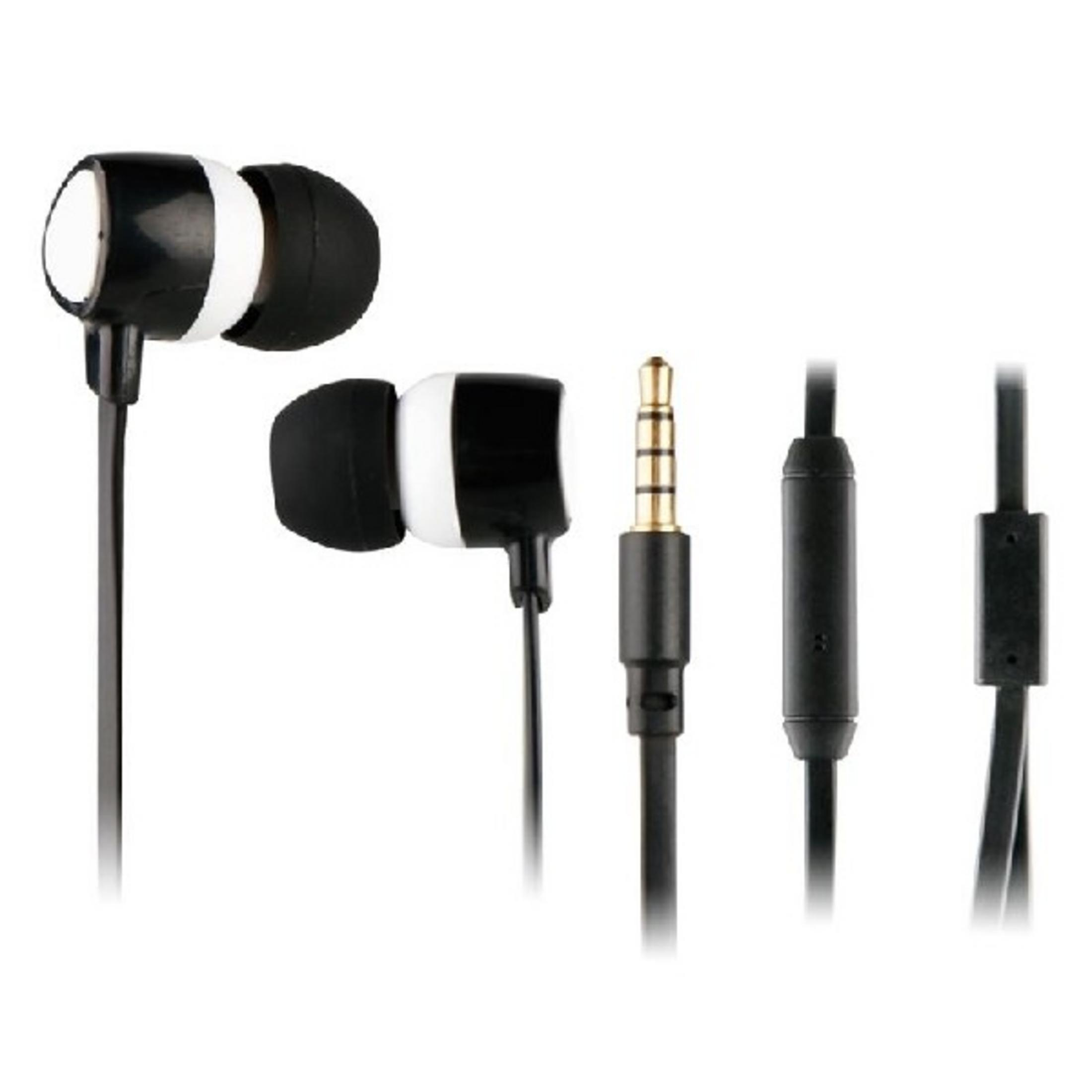 Auricolari bianchi e neri con jack da 3,5 mm e microfono in linea.