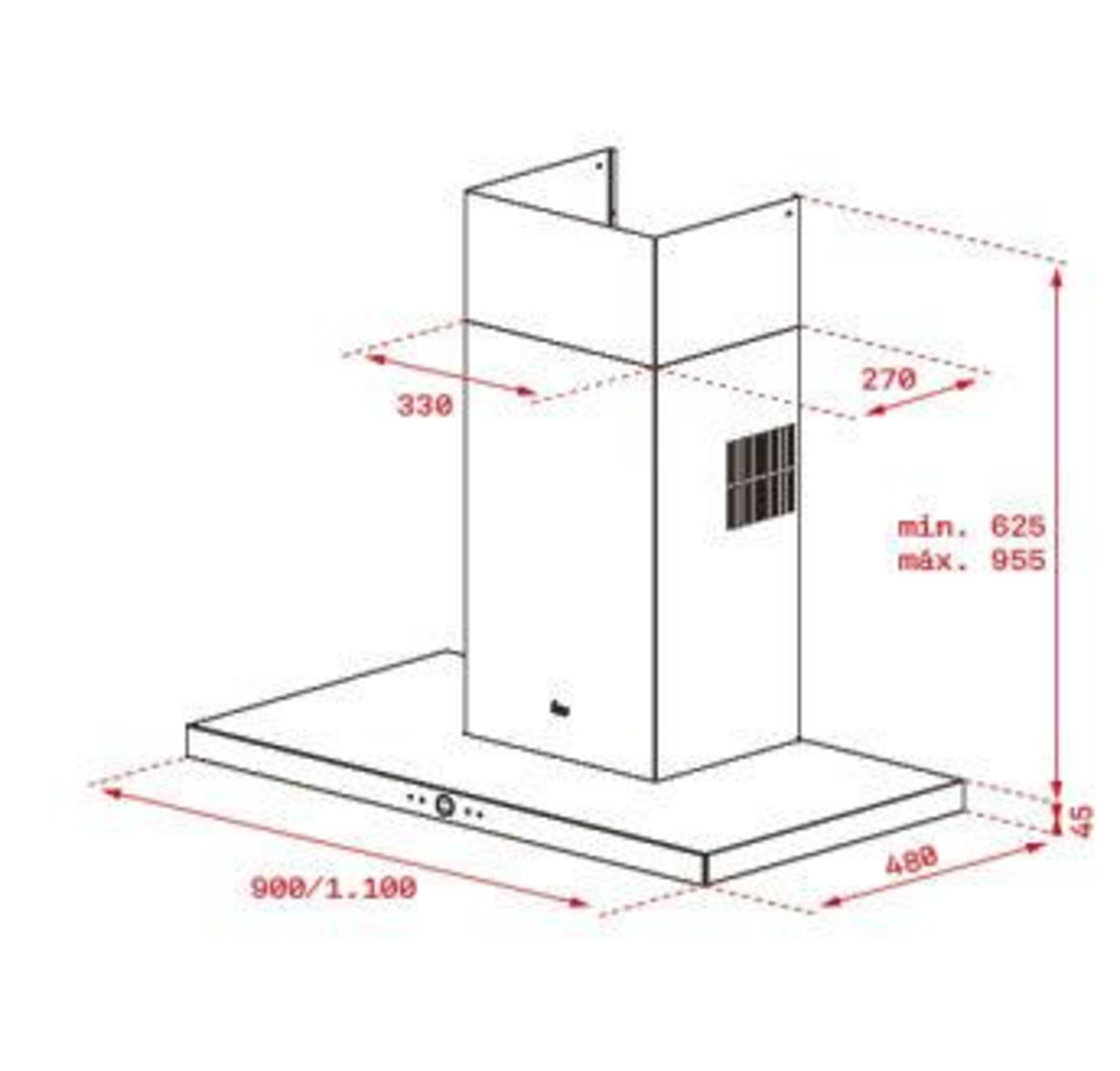 Disegno tecnico di una cappa da cucina con dimensioni.