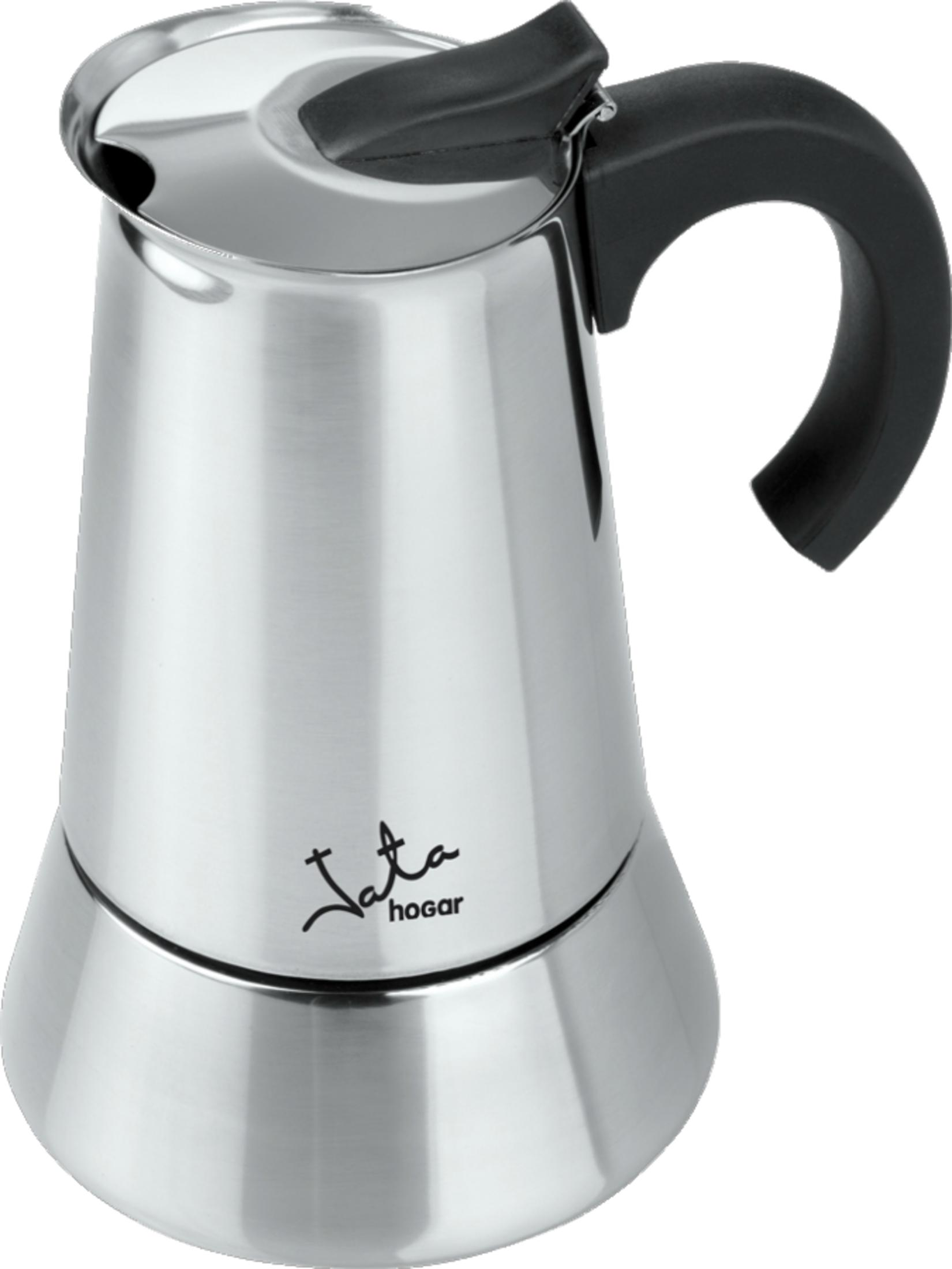 Moka argentata con manico e coperchio neri.
