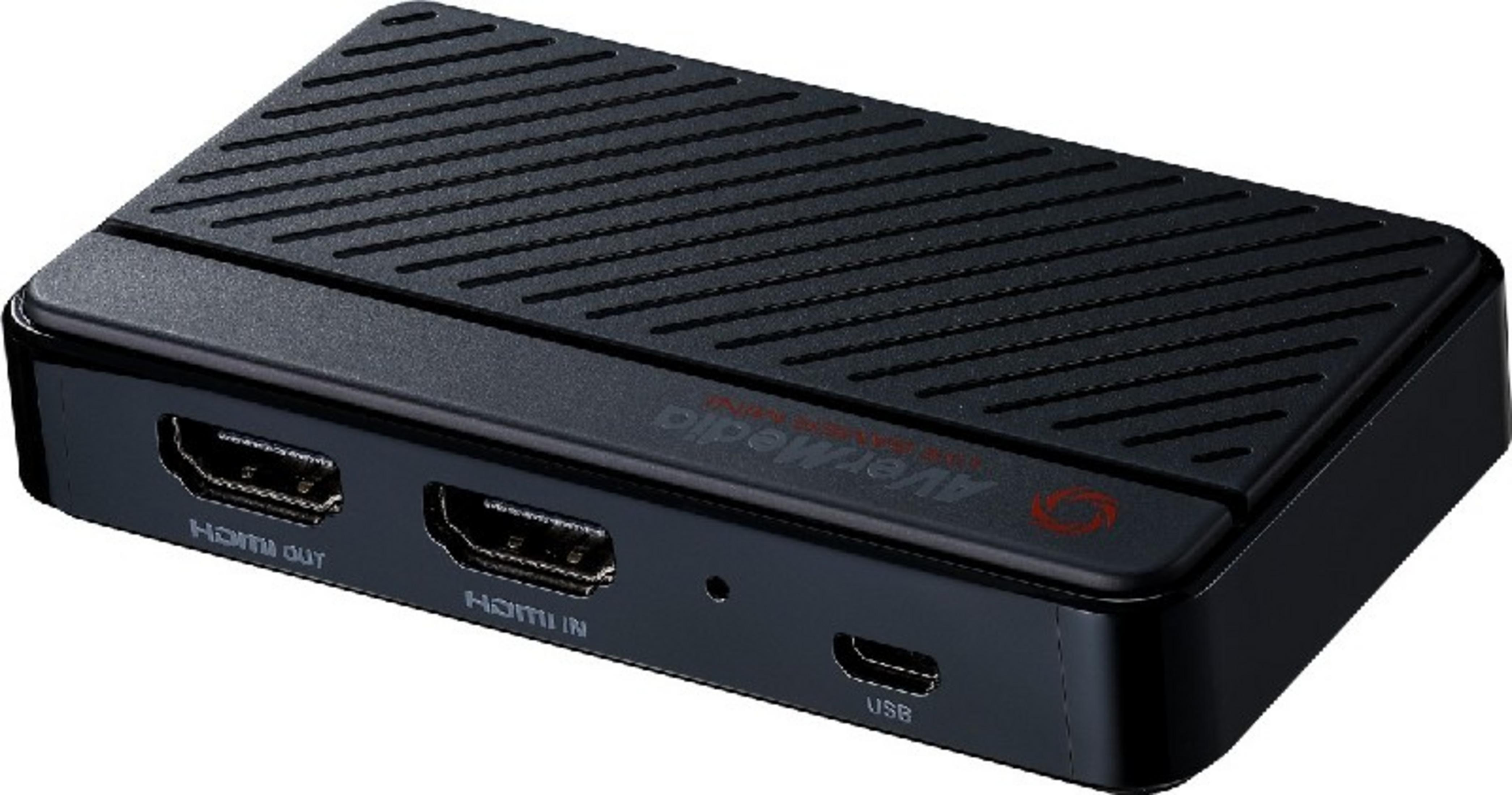Un dispositivo de captura HDMI negro con puertos HDMI IN, HDMI OUT y USB.