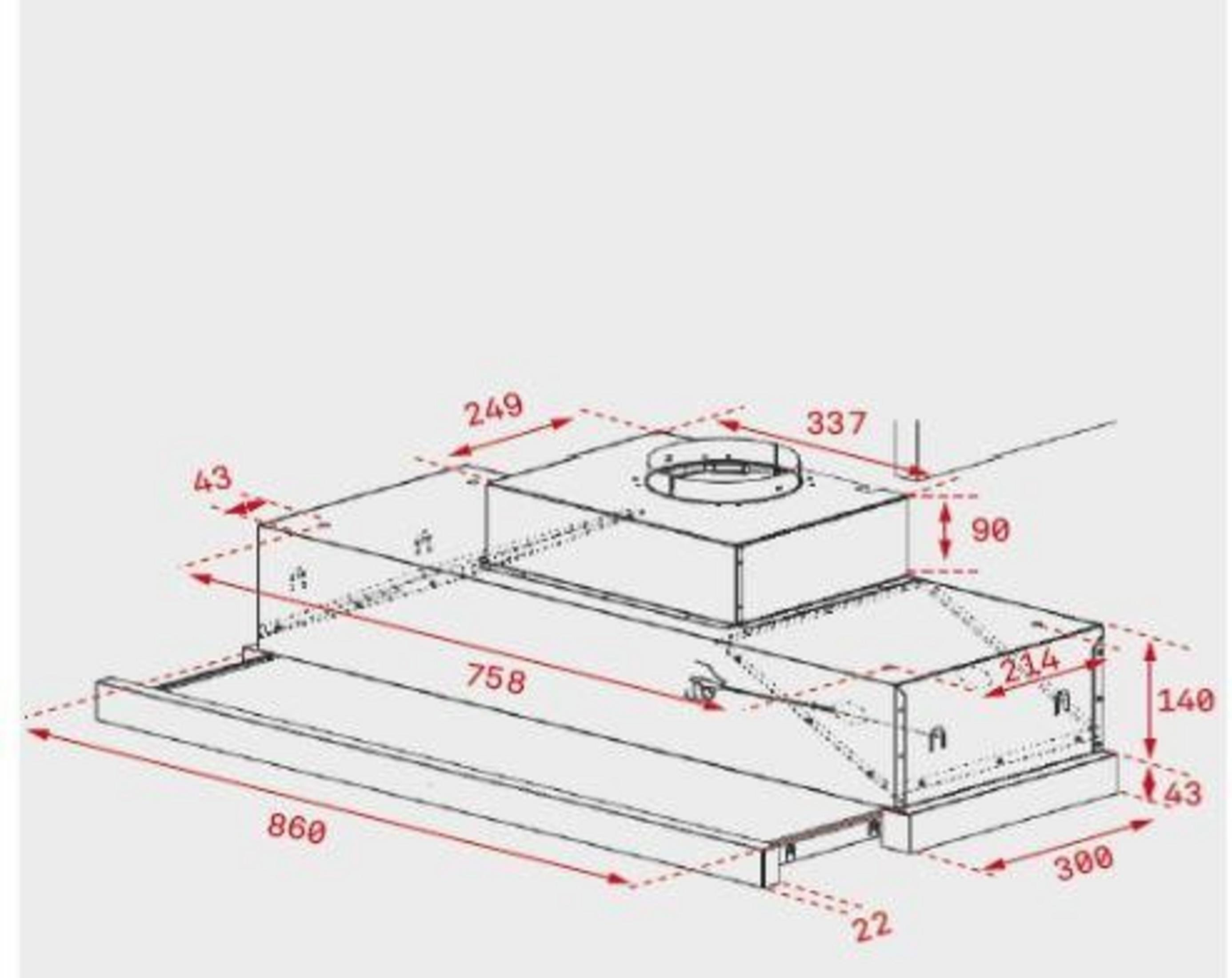 Disegno tecnico di una cappa aspirante con dimensioni in rosso.