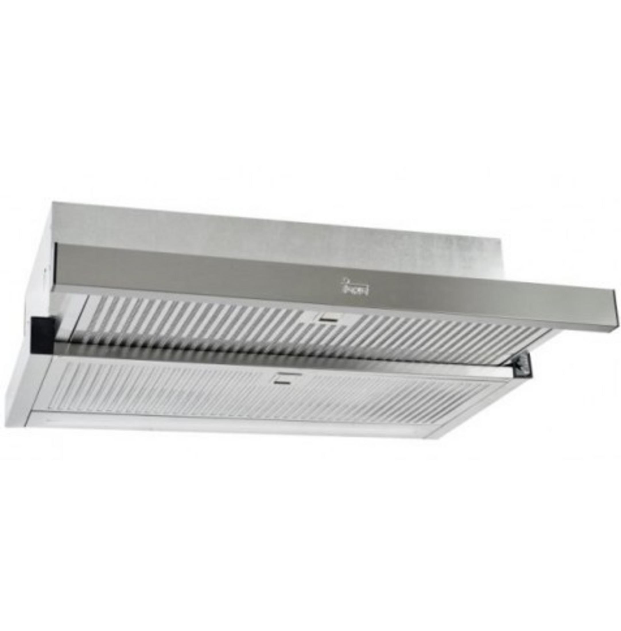 Cappa in acciaio inox con filtri a lamelle e pannello di controllo estraibile.
