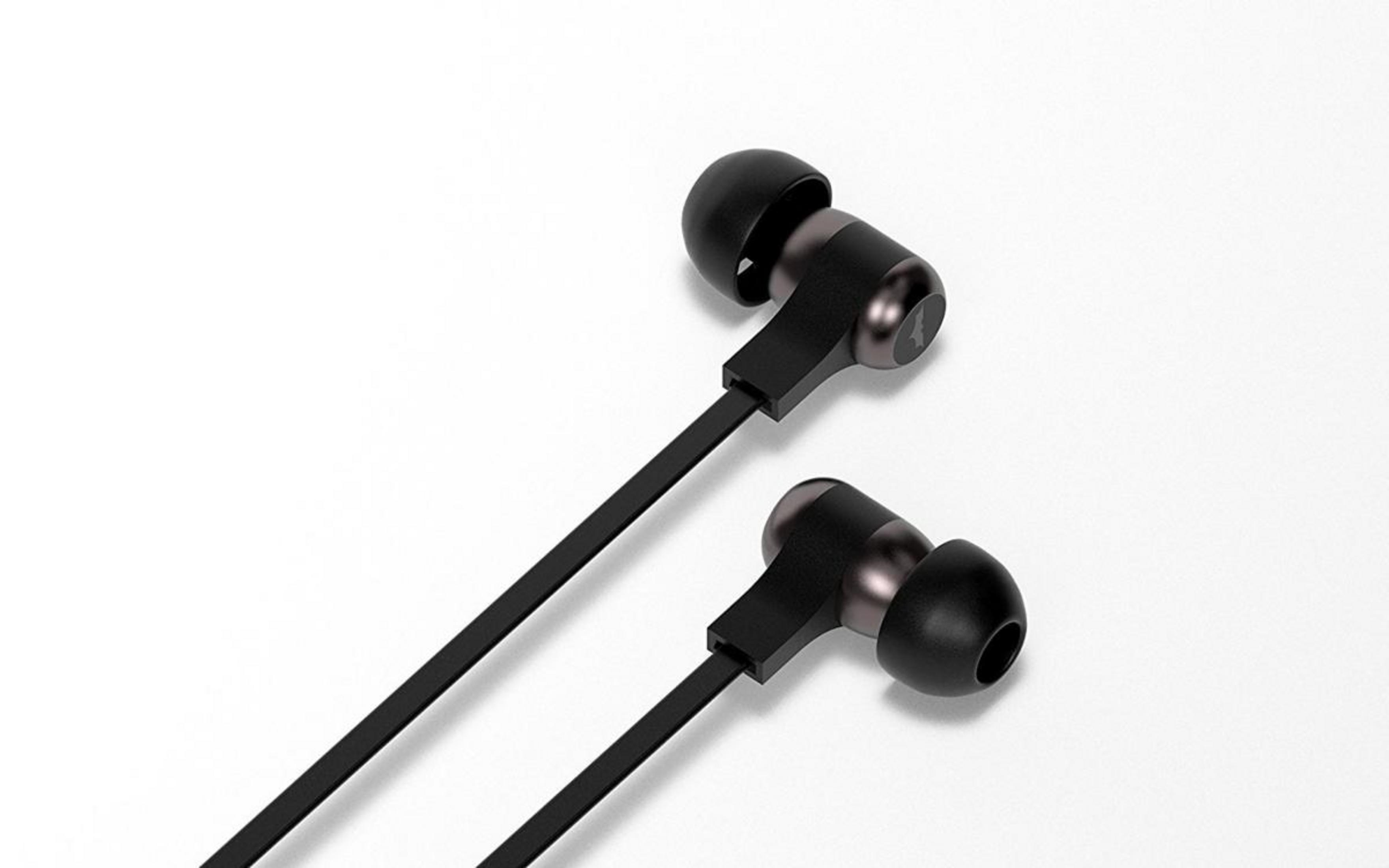 Auricolari neri con accento grigio su sfondo bianco.