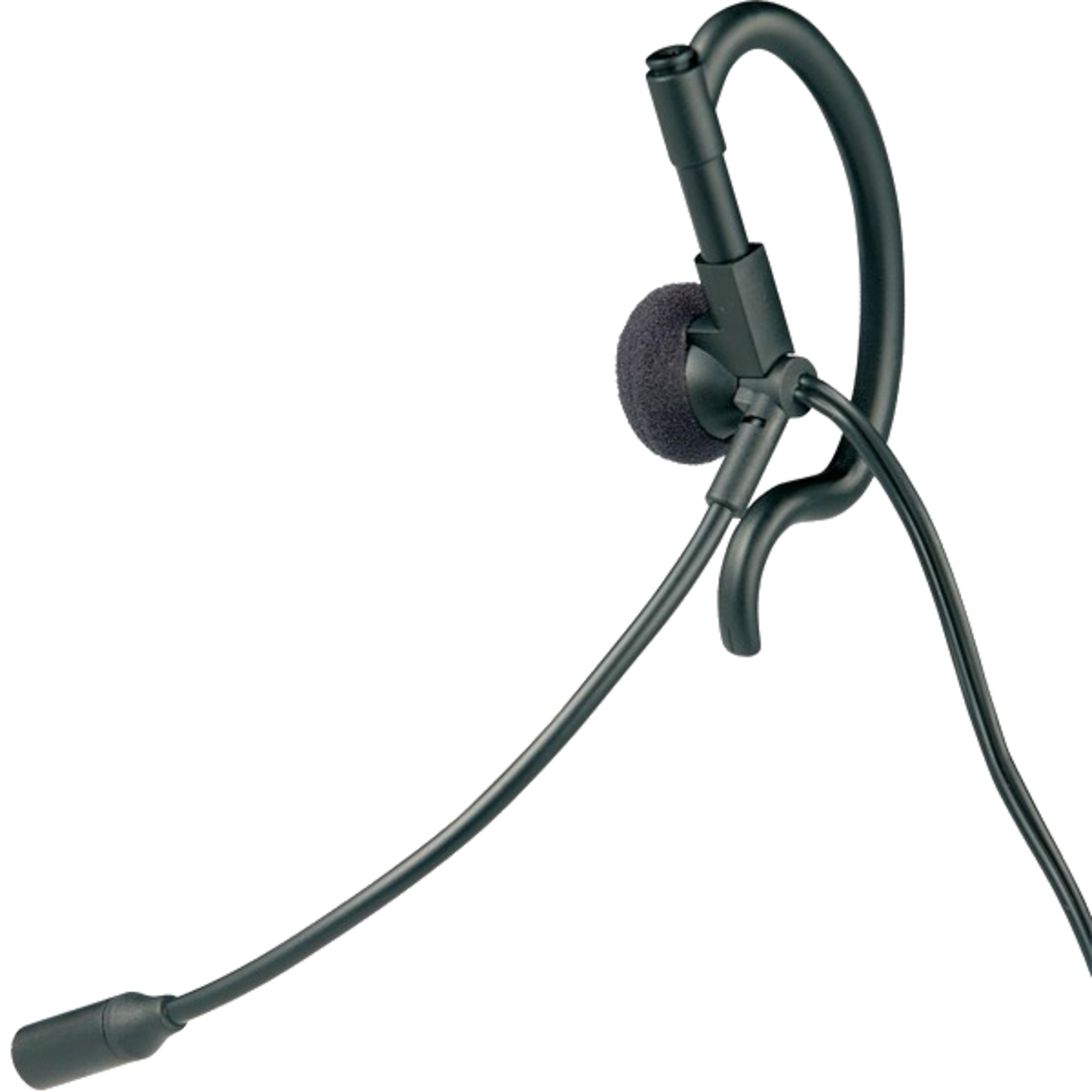 Un auricolare nero con microfono e gancio per l'orecchio.