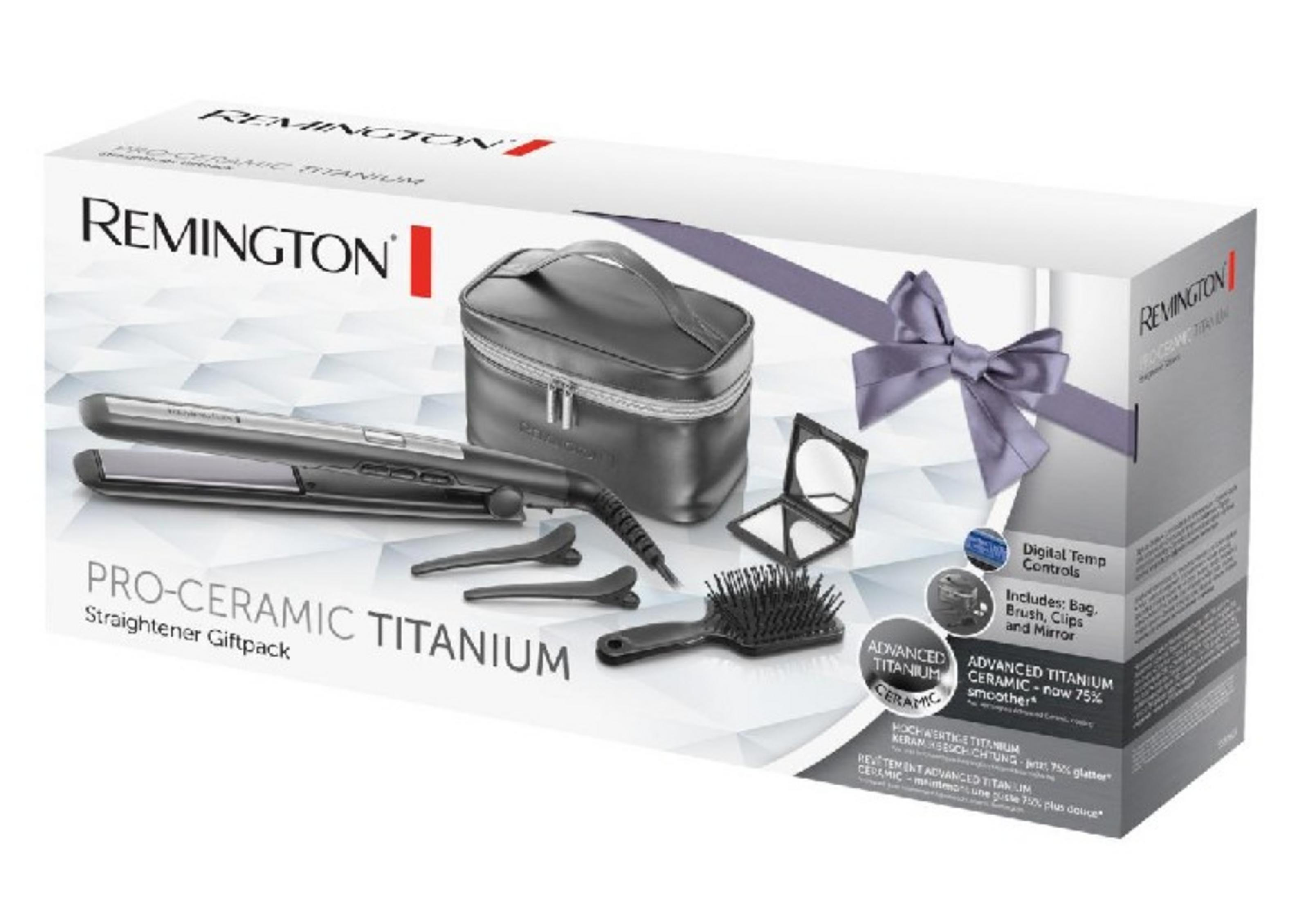 Remington Pro-Ceramic Titanium Düzleştirici Hediye Seti: çanta, fırça, klips, ayna.