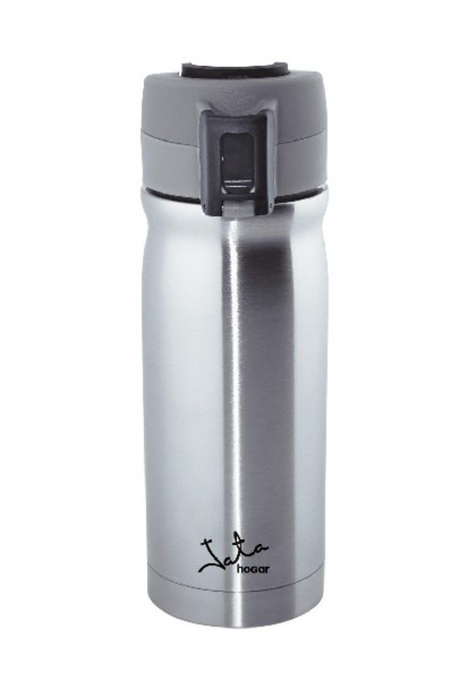 Una botella termo plateada con tapa gris y pico negro.