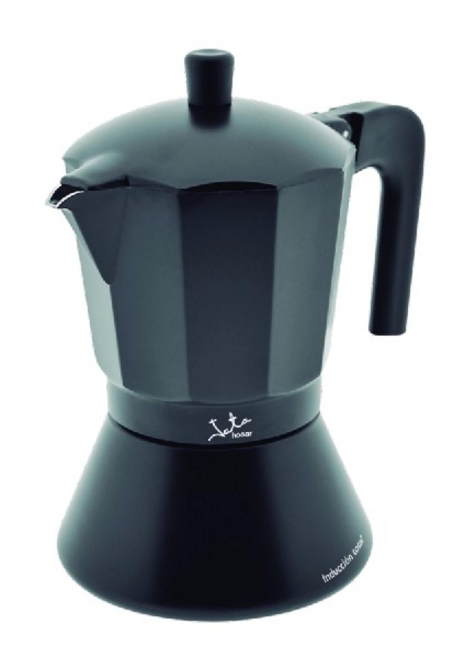 Moka nera con manico nero, su sfondo bianco.