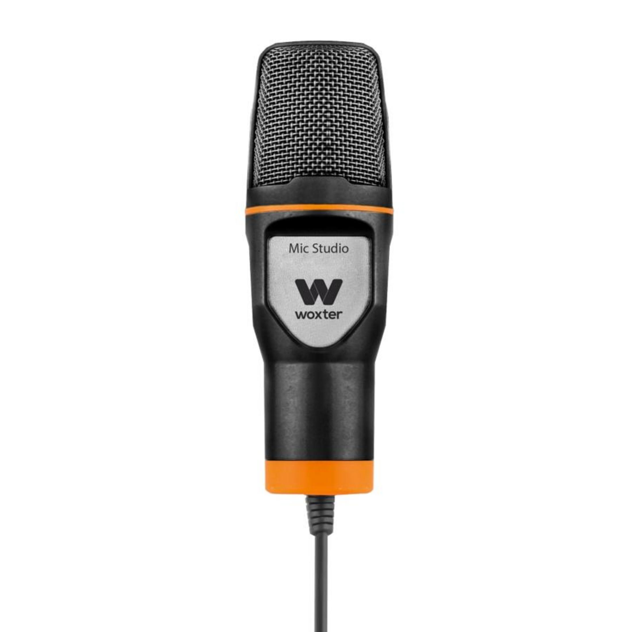 Micrófono negro con detalles naranjas y logo 'W' de Woxter.