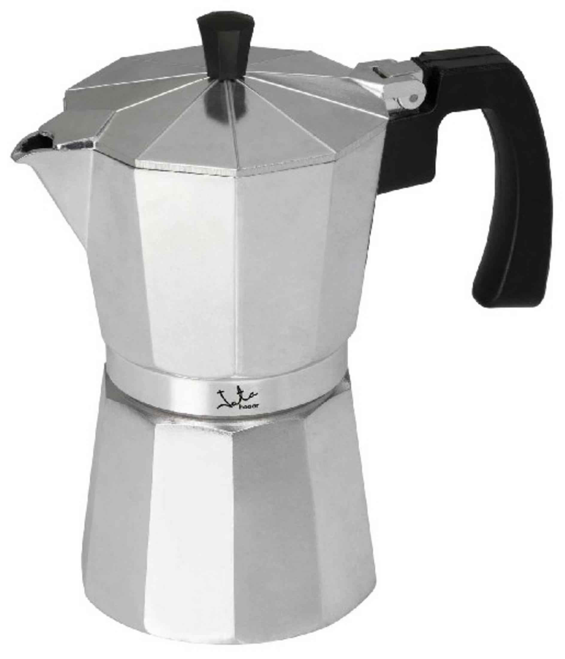 Moka argentata con manico e coperchio neri su sfondo bianco.