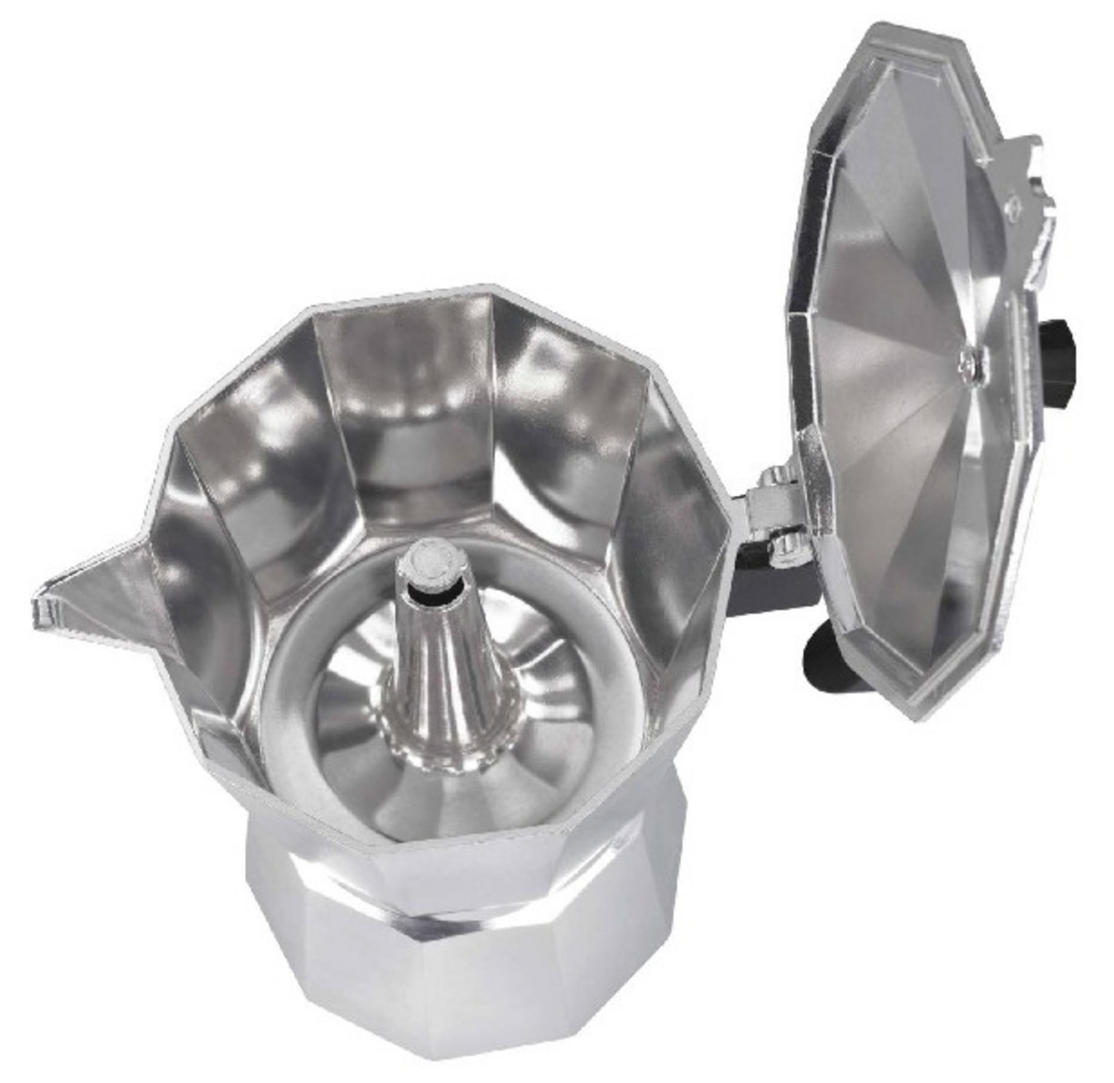Moka aperta in argento con base ottagonale e beccuccio. Coperchio aperto.