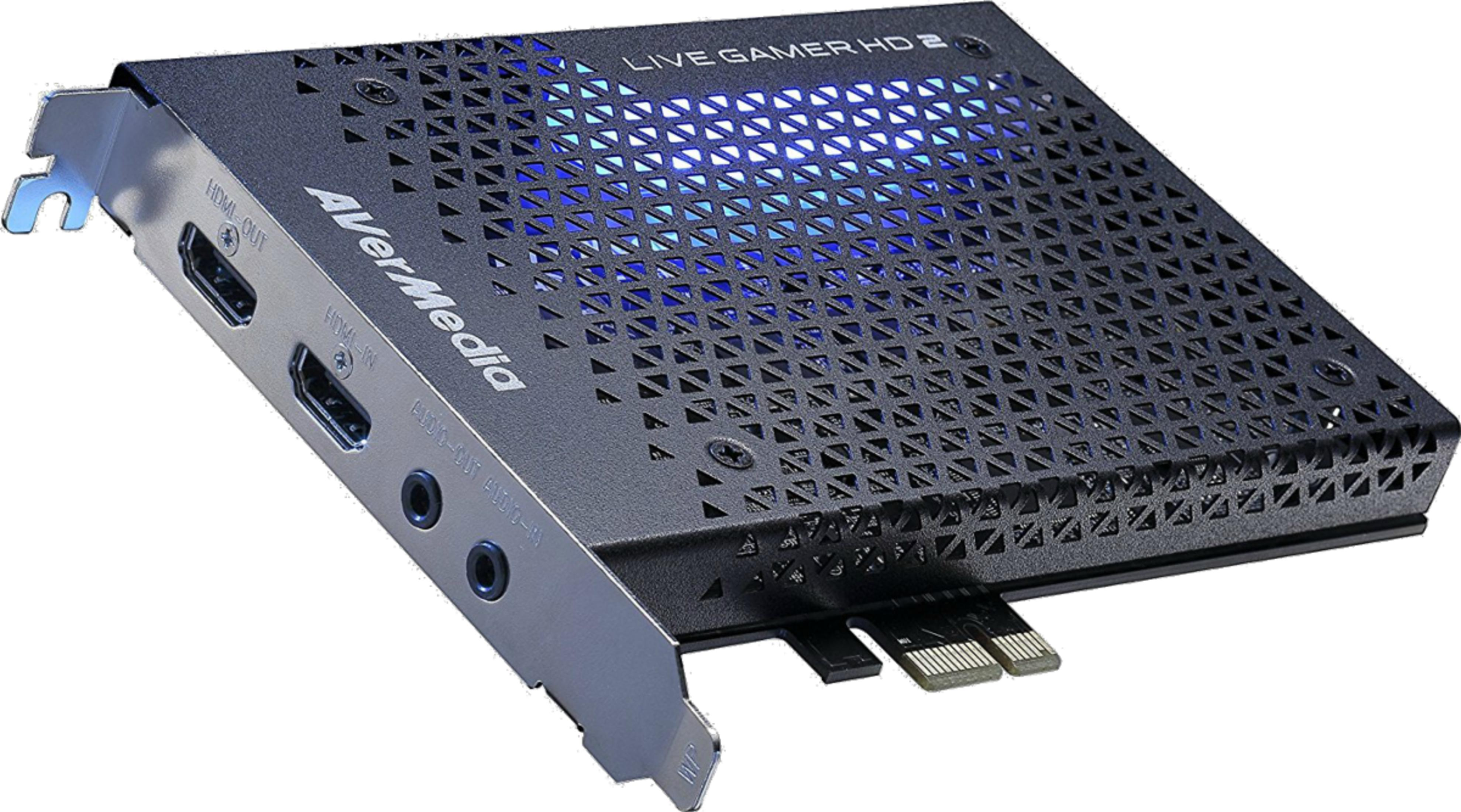 HDMI bağlantı noktalarına sahip siyah bir AverMedia Live Gamer HD 2 yakalama kartı.