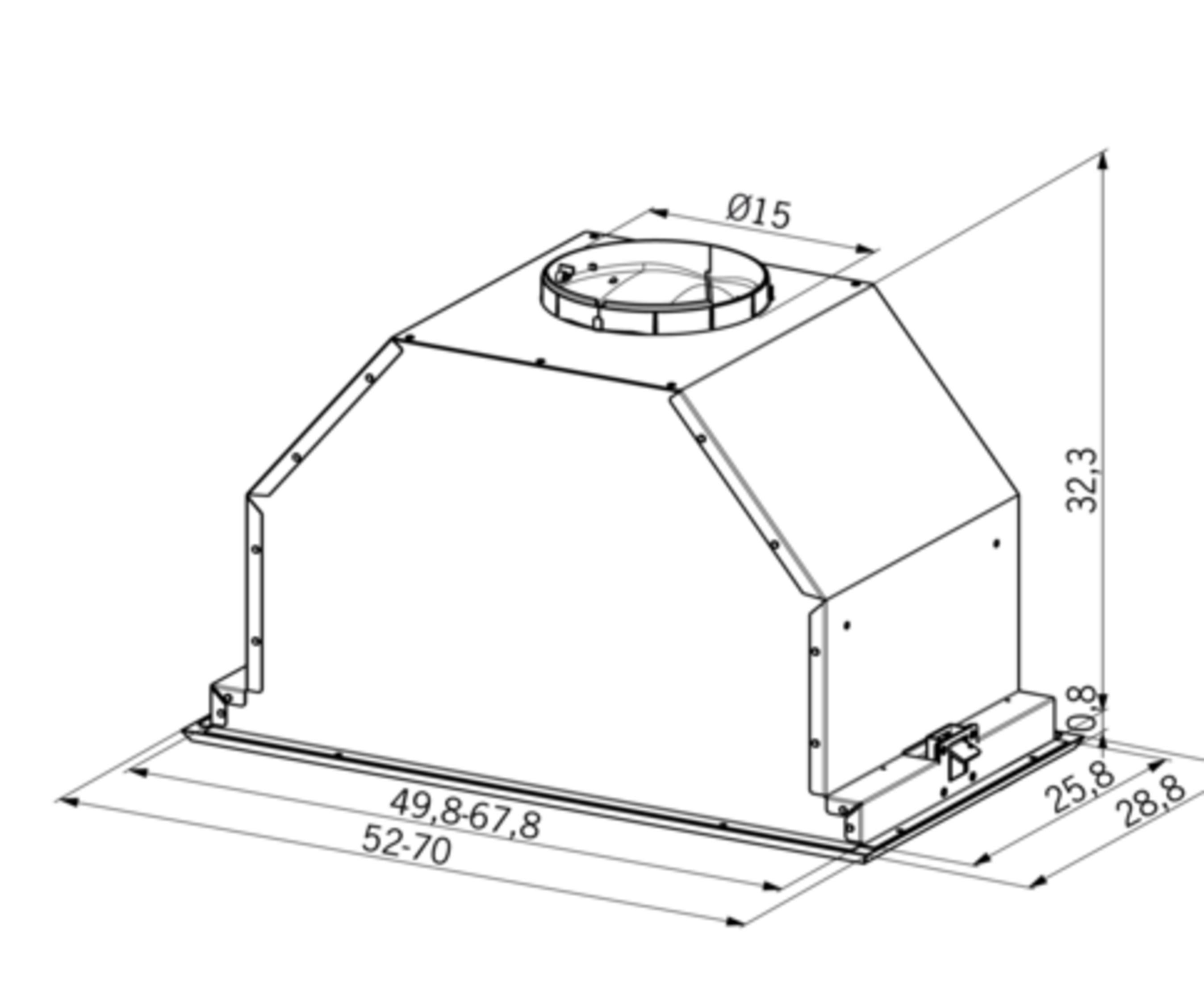 Dibujo técnico de una campana extractora con dimensiones.