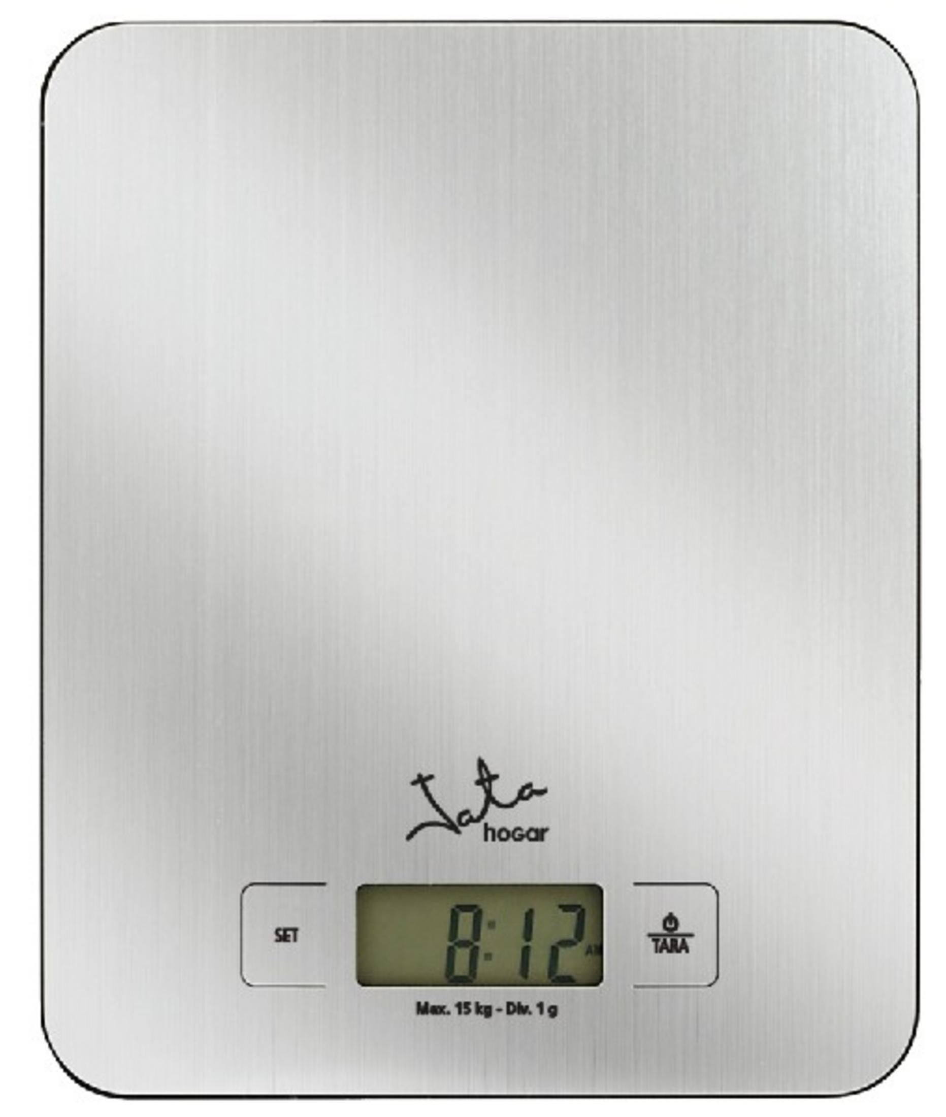Una bilancia da cucina in acciaio inossidabile spazzolato con display digitale che mostra 8:12.