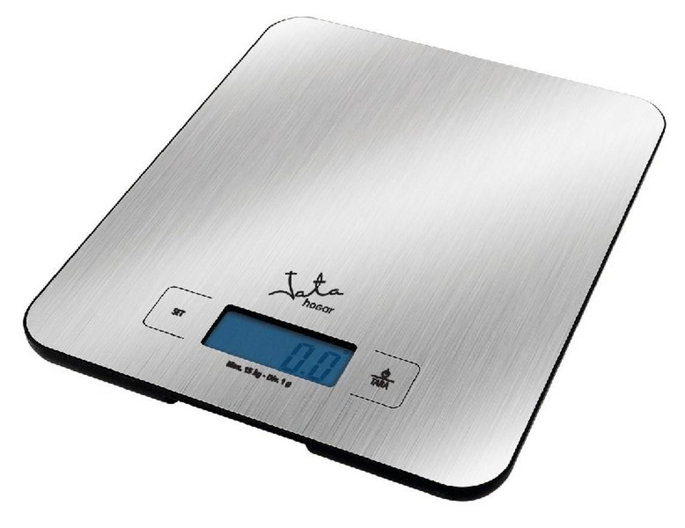 Una bilancia da cucina digitale argentata con display blu mostra 0.0.