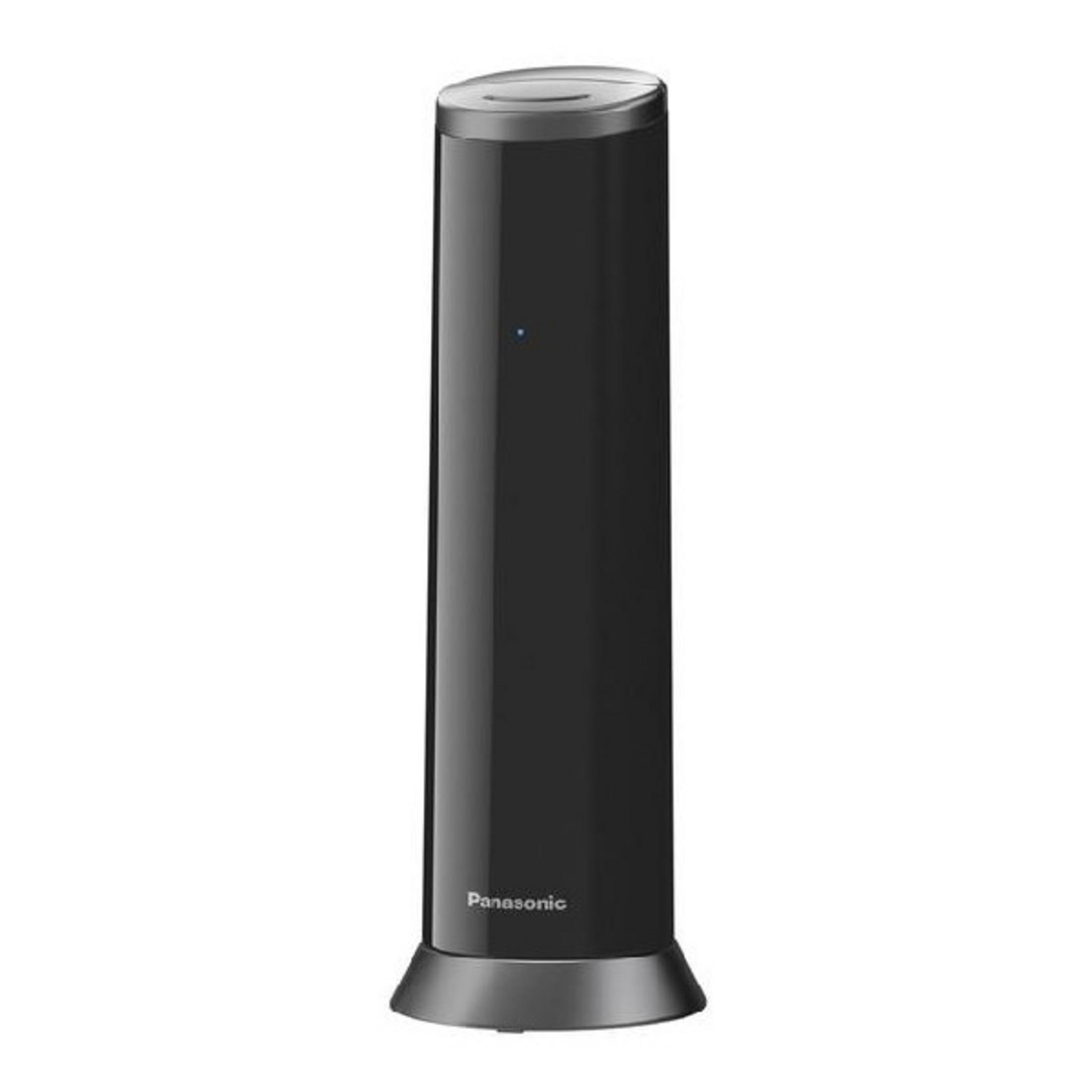 Router cilindrico nero Panasonic con base e coperchio argentati. Visibile una luce blu.