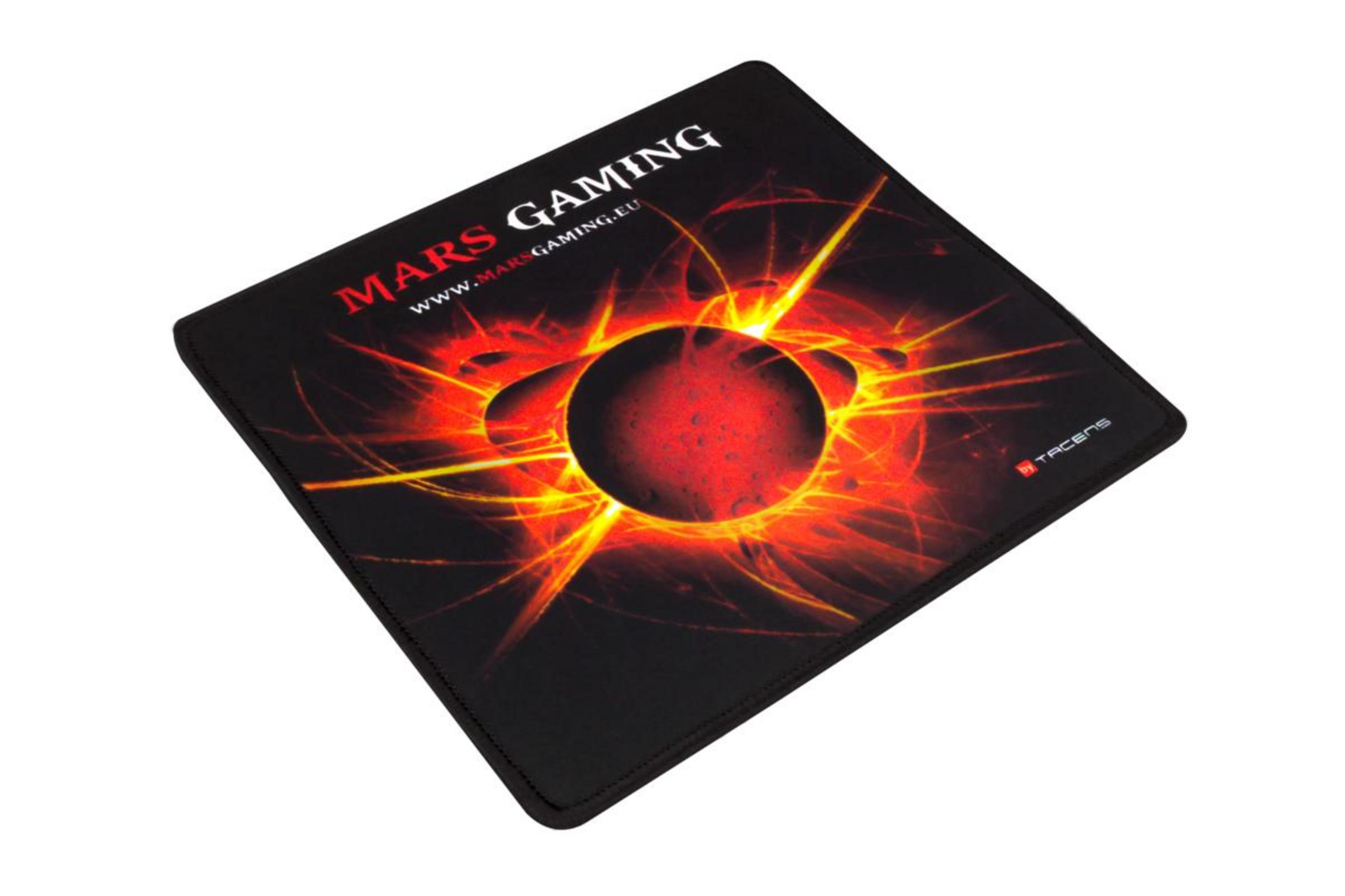 Tappetino mouse nero con design al plasma rosso e giallo e logo "MARS GAMING".